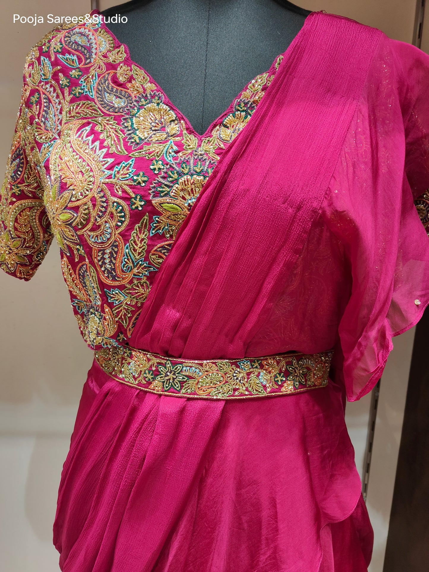 AARSAA Satin Crepe Fuschia Threadwork, Katdana , Sequence work blouse with Fish Cut Drape Lehenga and belt