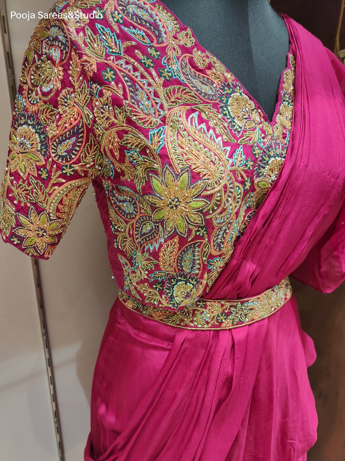 AARSAA Satin Crepe Fuschia Threadwork, Katdana , Sequence work blouse with Fish Cut Drape Lehenga and belt