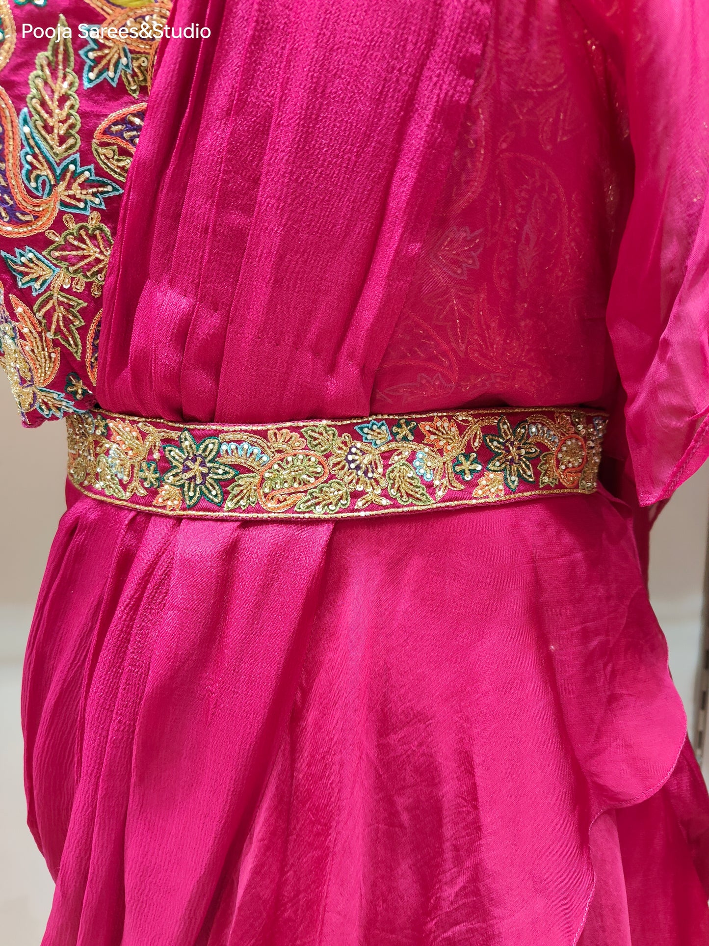 AARSAA Satin Crepe Fuschia Threadwork, Katdana , Sequence work blouse with Fish Cut Drape Lehenga and belt