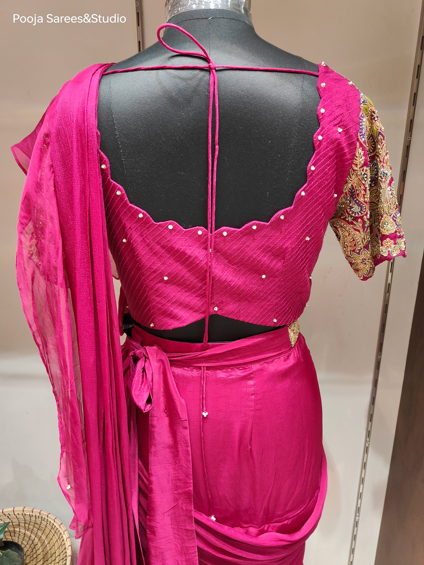 AARSAA Satin Crepe Fuschia Threadwork, Katdana , Sequence work blouse with Fish Cut Drape Lehenga and belt