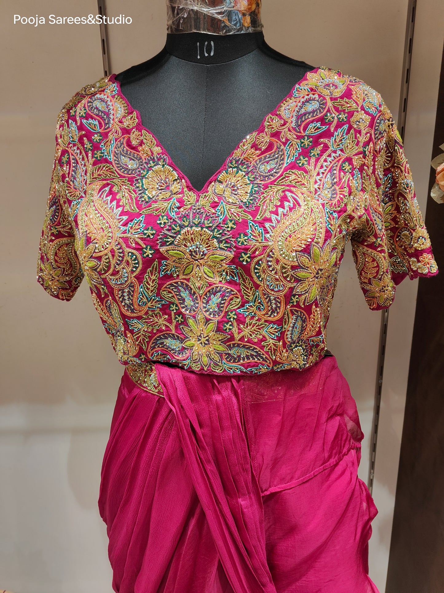 AARSAA Satin Crepe Fuschia Threadwork, Katdana , Sequence work blouse with Fish Cut Drape Lehenga and belt