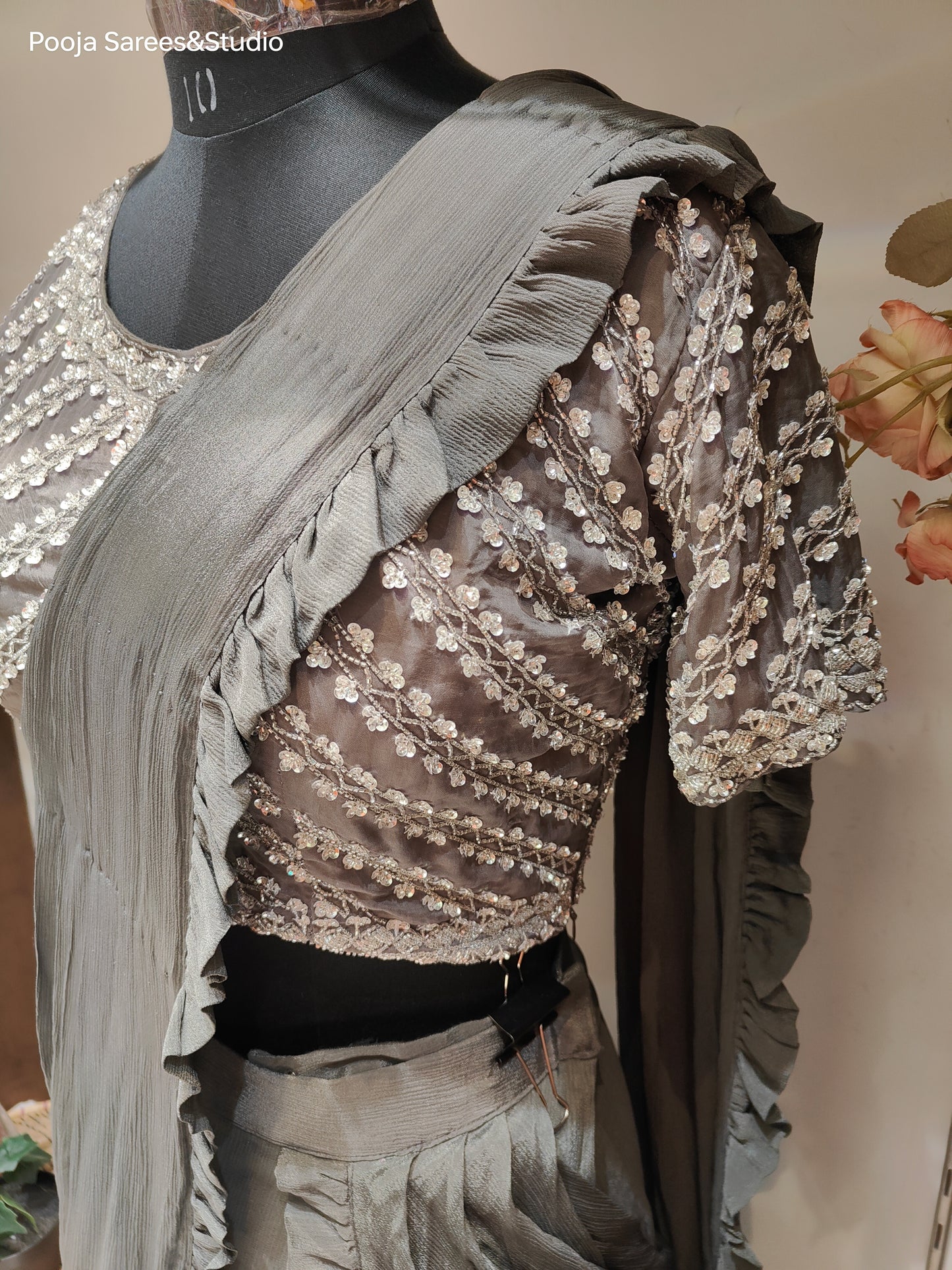 AARSAA Grey Crepe Katdana Work Blouse With Multi Layered Drape Lehenga