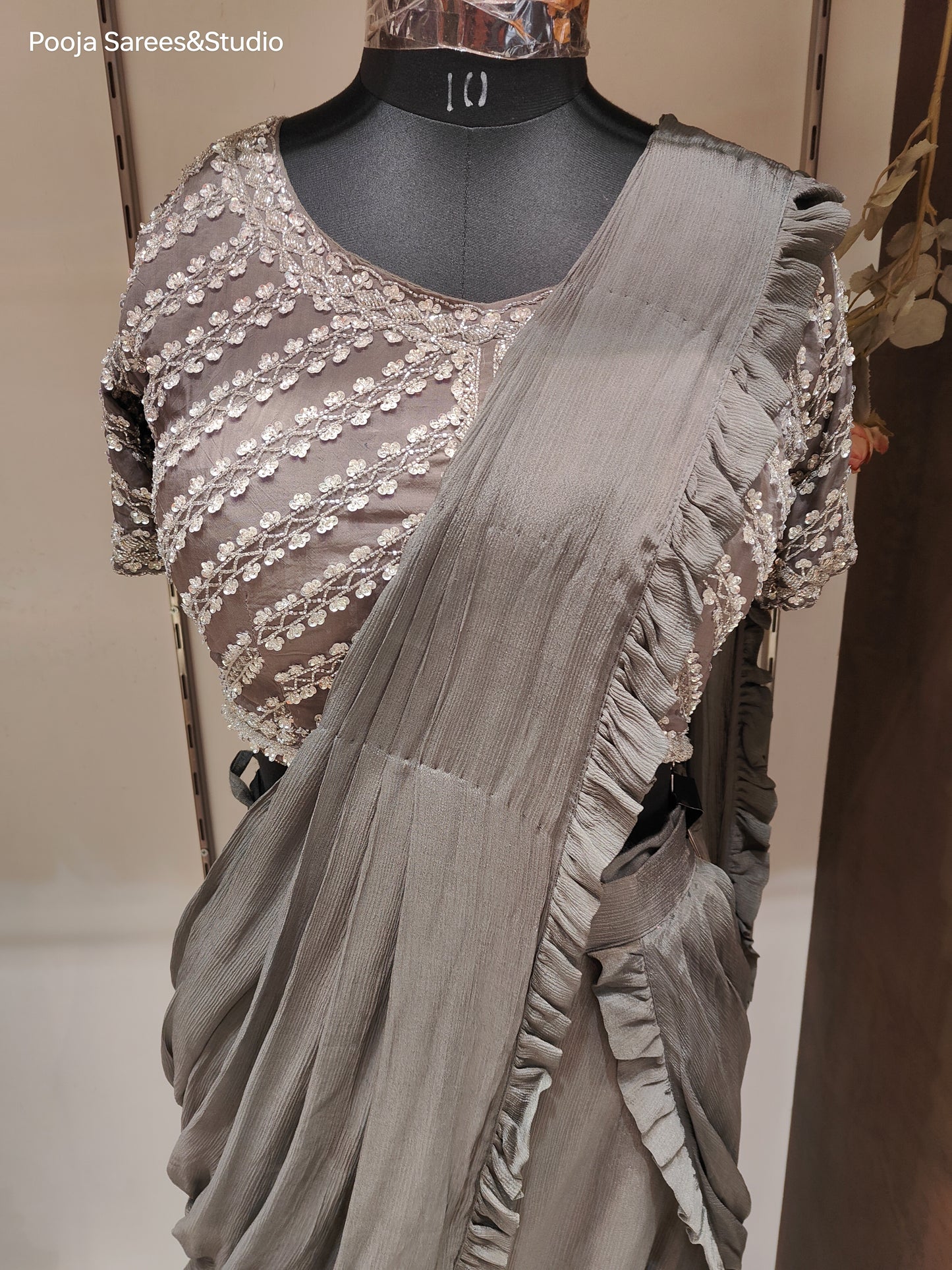 AARSAA Grey Crepe Katdana Work Blouse With Multi Layered Drape Lehenga