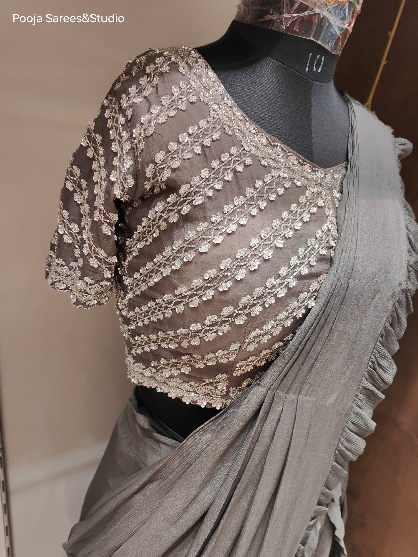 AARSAA Grey Crepe Katdana Work Blouse With Multi Layered Drape Lehenga