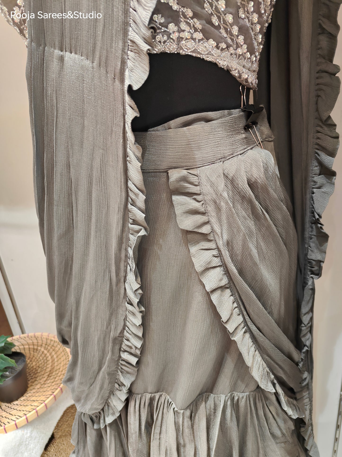 AARSAA Grey Crepe Katdana Work Blouse With Multi Layered Drape Lehenga