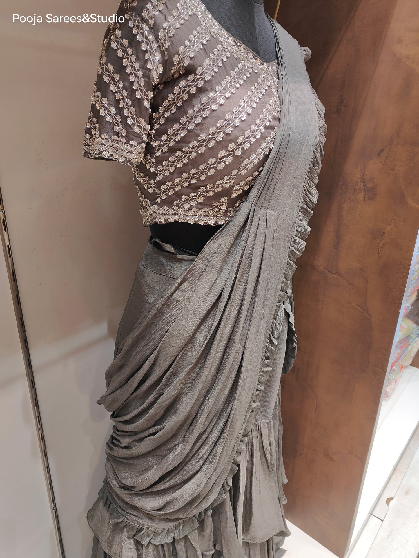 AARSAA Grey Crepe Katdana Work Blouse With Multi Layered Drape Lehenga