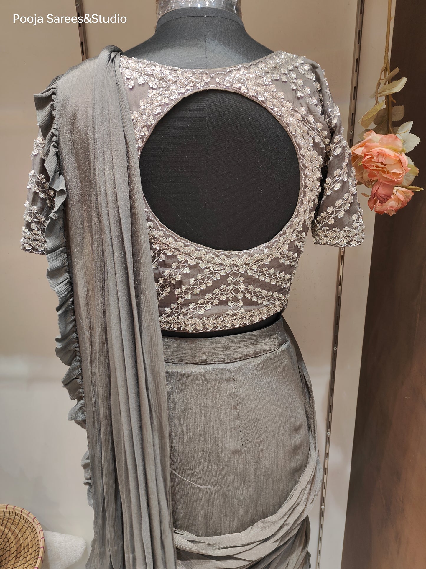 AARSAA Grey Crepe Katdana Work Blouse With Multi Layered Drape Lehenga