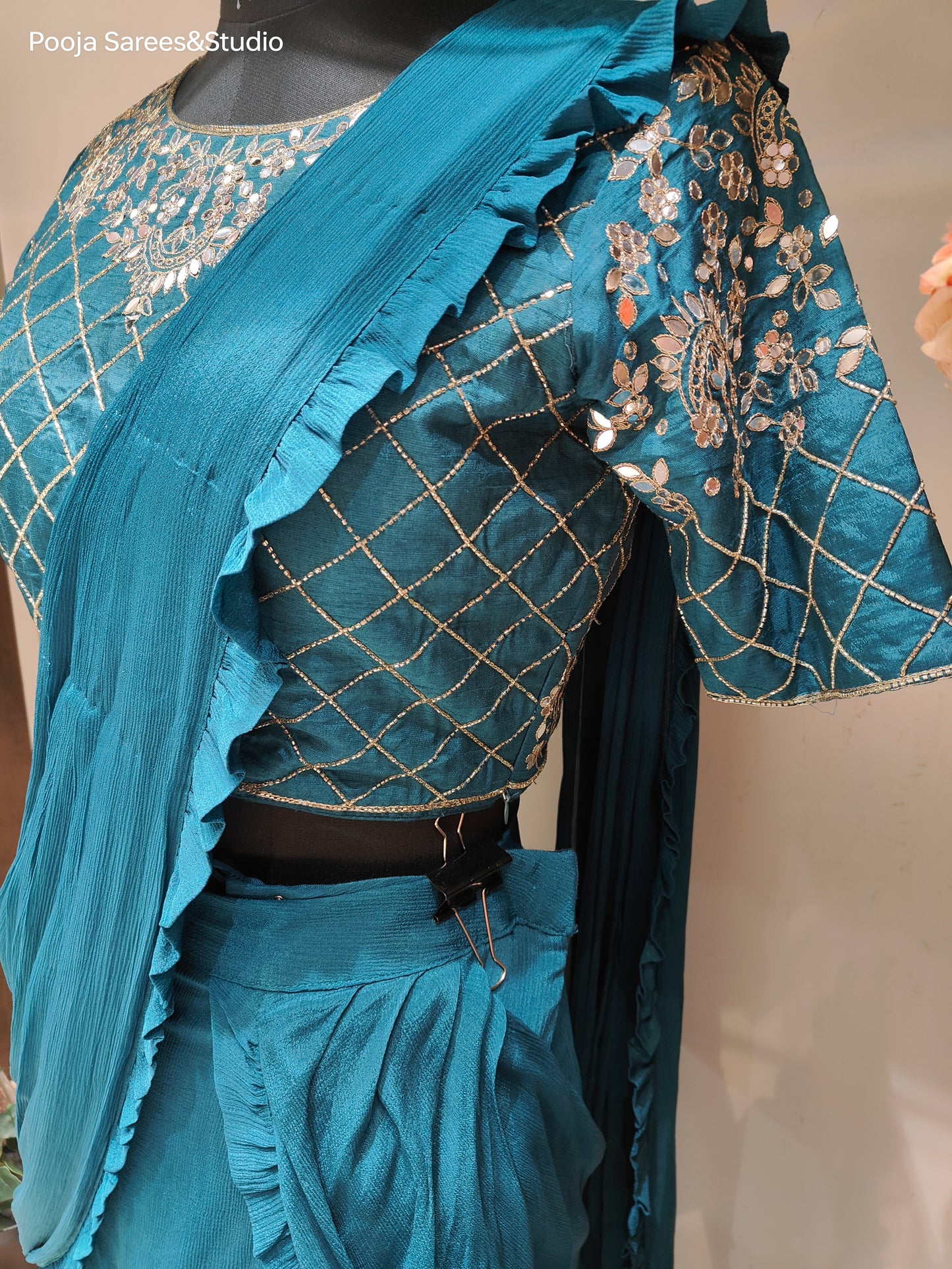 AARSAA Turquoise Crepe Katdana Work Blouse With Multi Layered Drape Lehenga