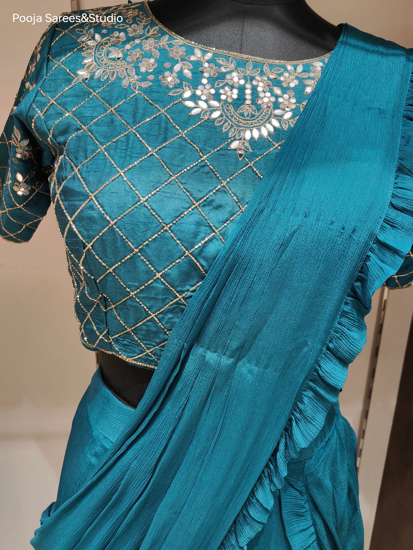 AARSAA Turquoise Crepe Katdana Work Blouse With Multi Layered Drape Lehenga