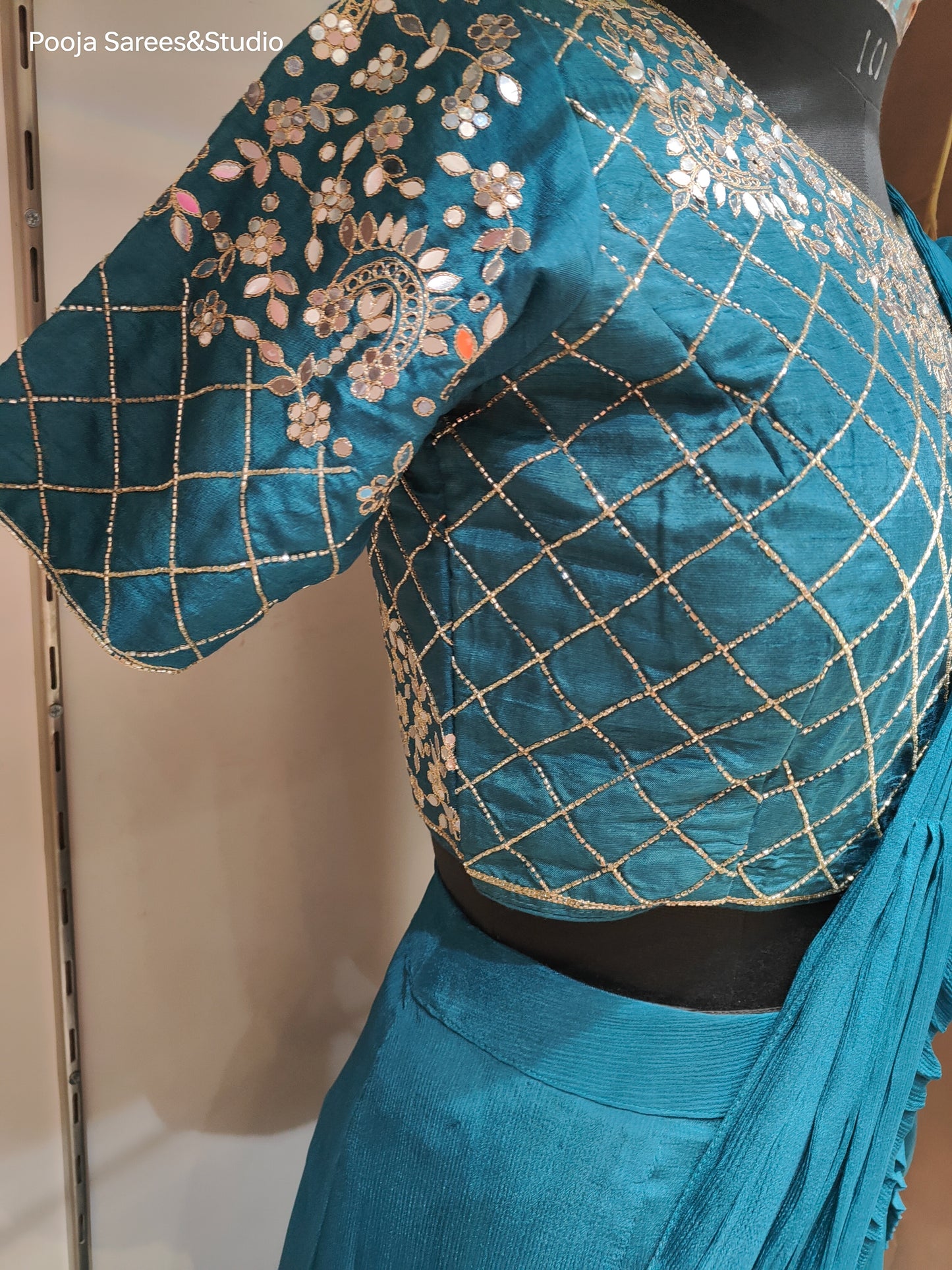 AARSAA Turquoise Crepe Katdana Work Blouse With Multi Layered Drape Lehenga