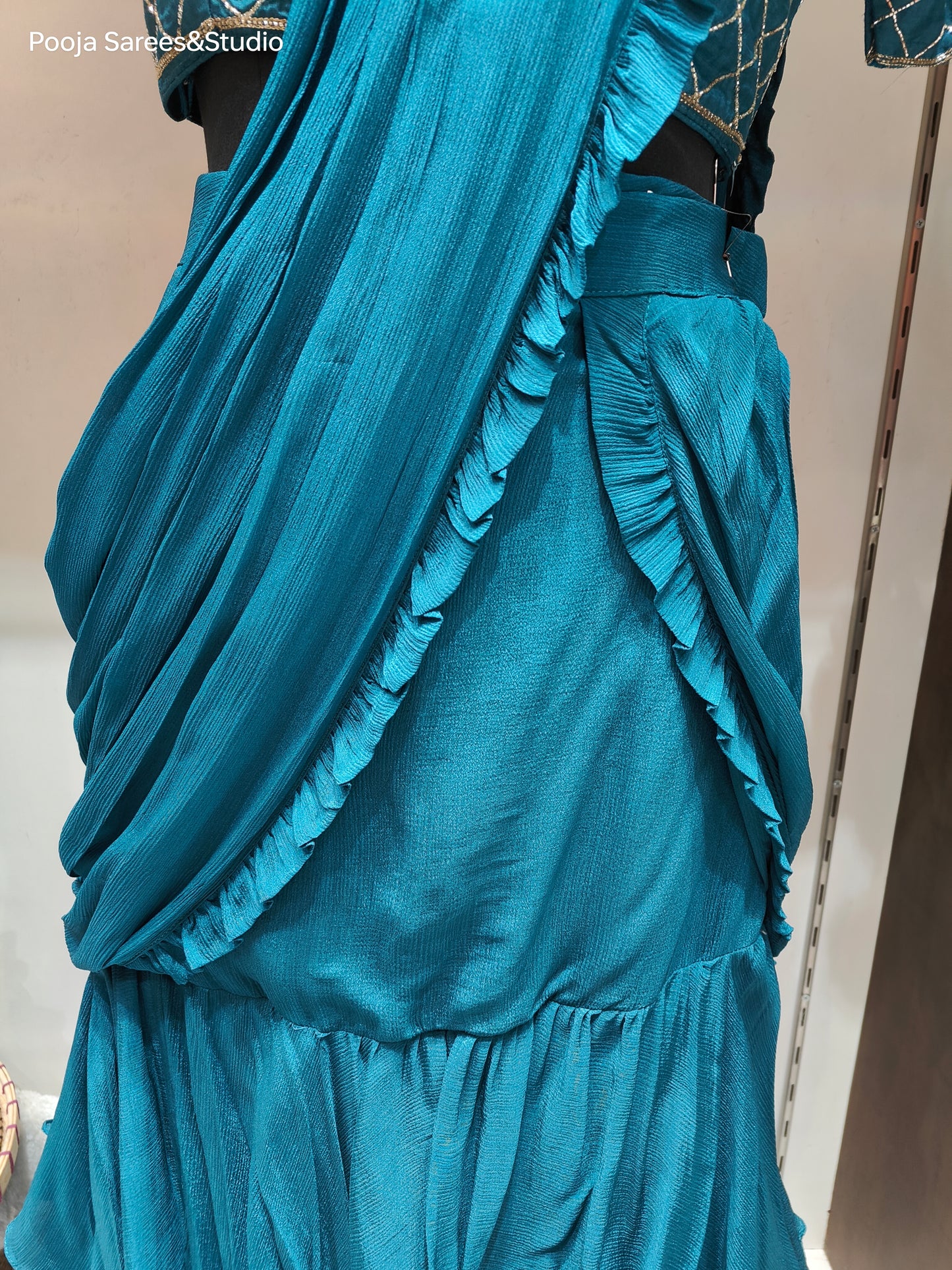 AARSAA Turquoise Crepe Katdana Work Blouse With Multi Layered Drape Lehenga