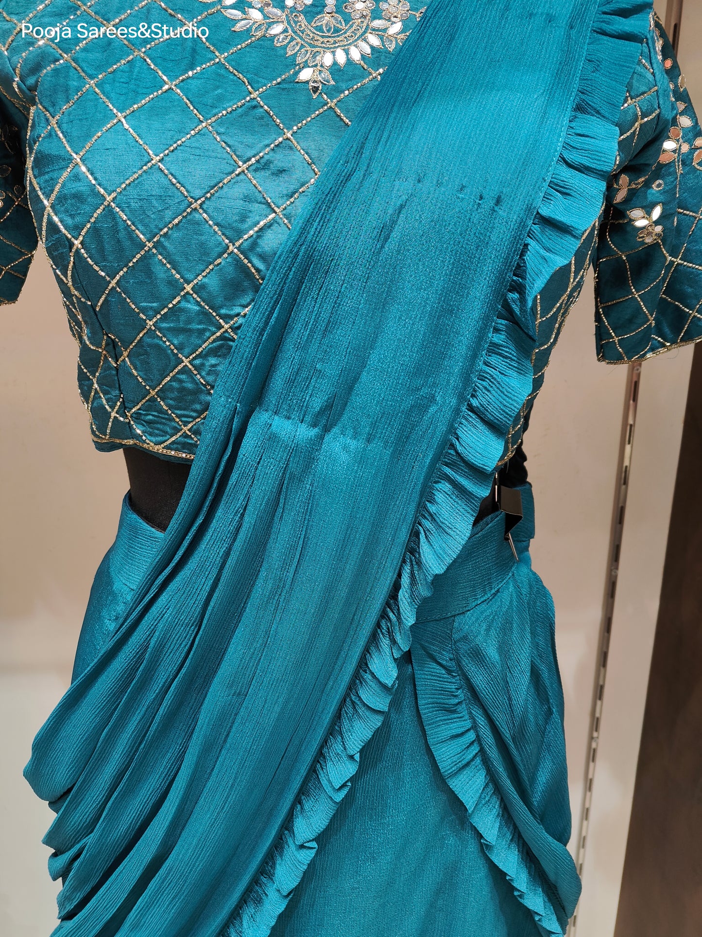 AARSAA Turquoise Crepe Katdana Work Blouse With Multi Layered Drape Lehenga