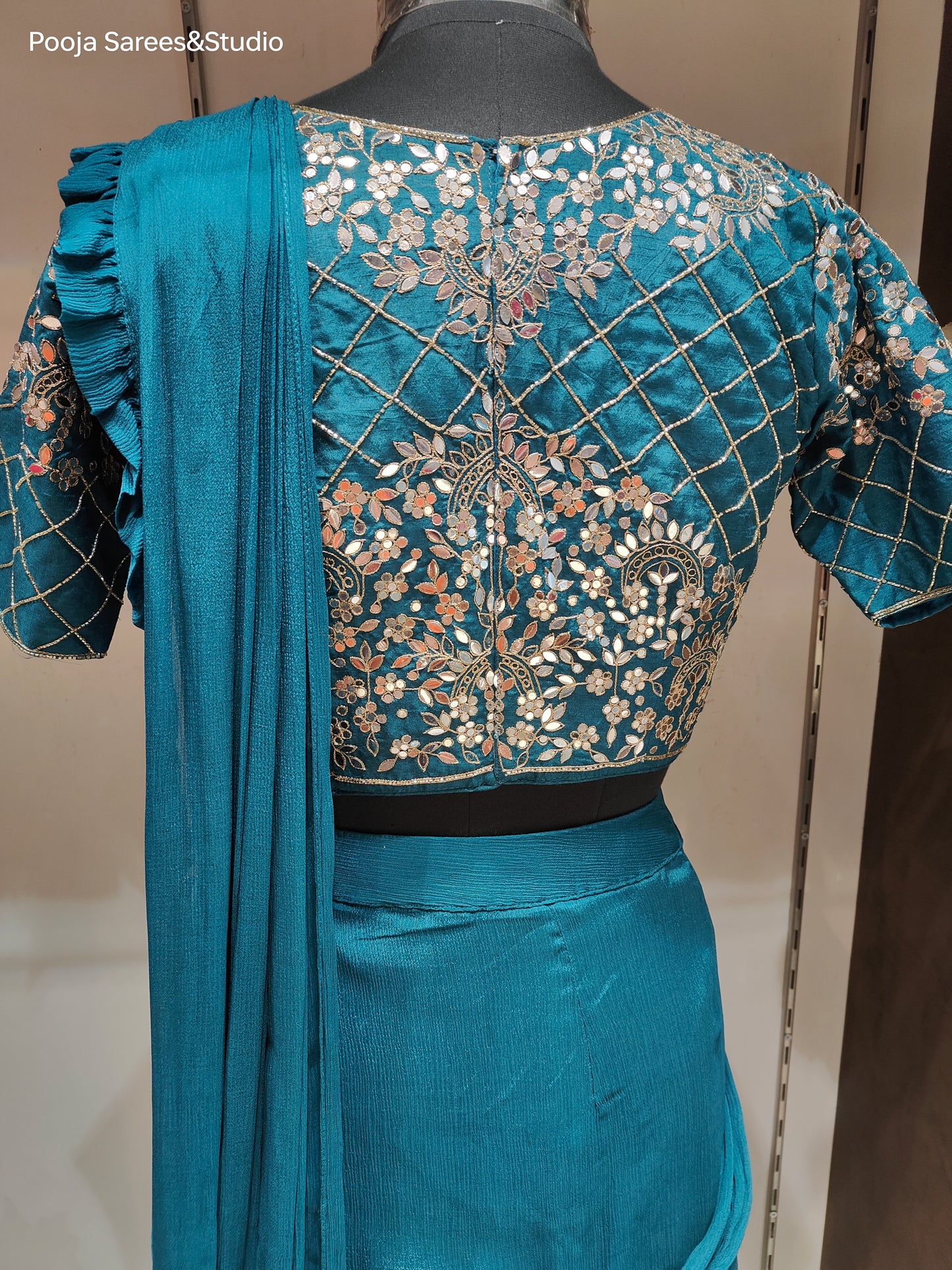 AARSAA Turquoise Crepe Katdana Work Blouse With Multi Layered Drape Lehenga