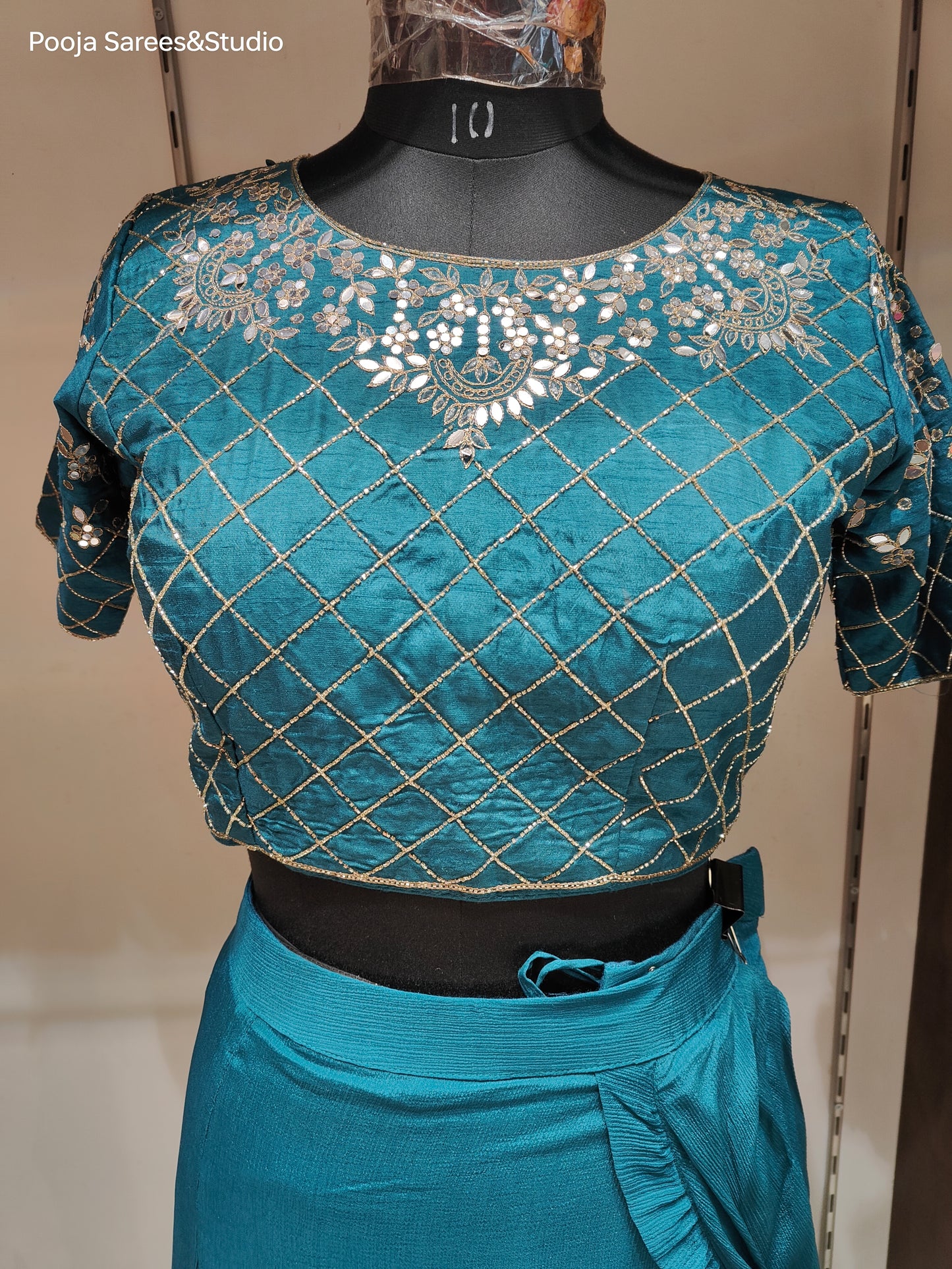 AARSAA Turquoise Crepe Katdana Work Blouse With Multi Layered Drape Lehenga