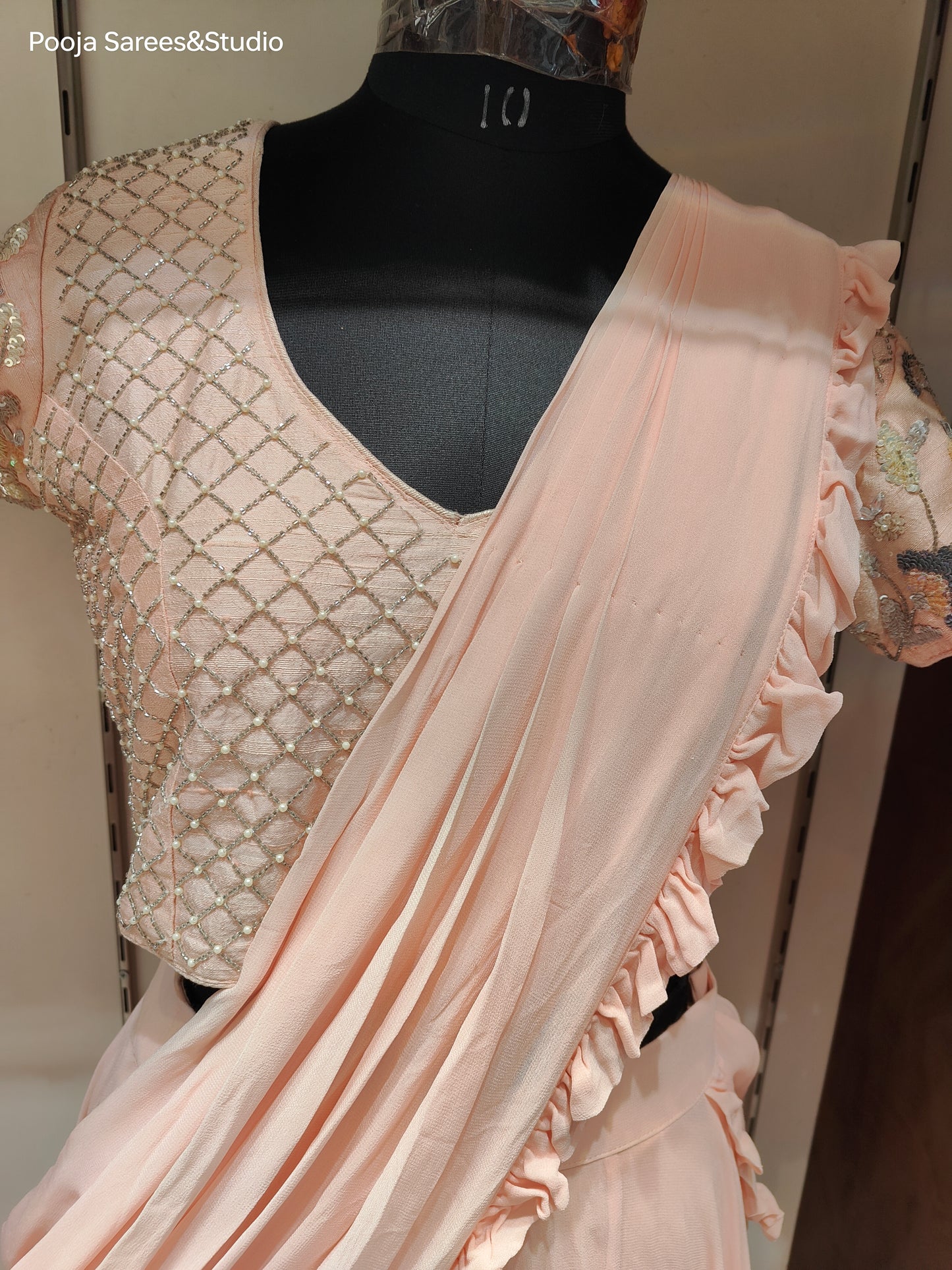 AARSAA Pink Crepe Katdana Moti Work Blouse with Flared Drape Lehenga