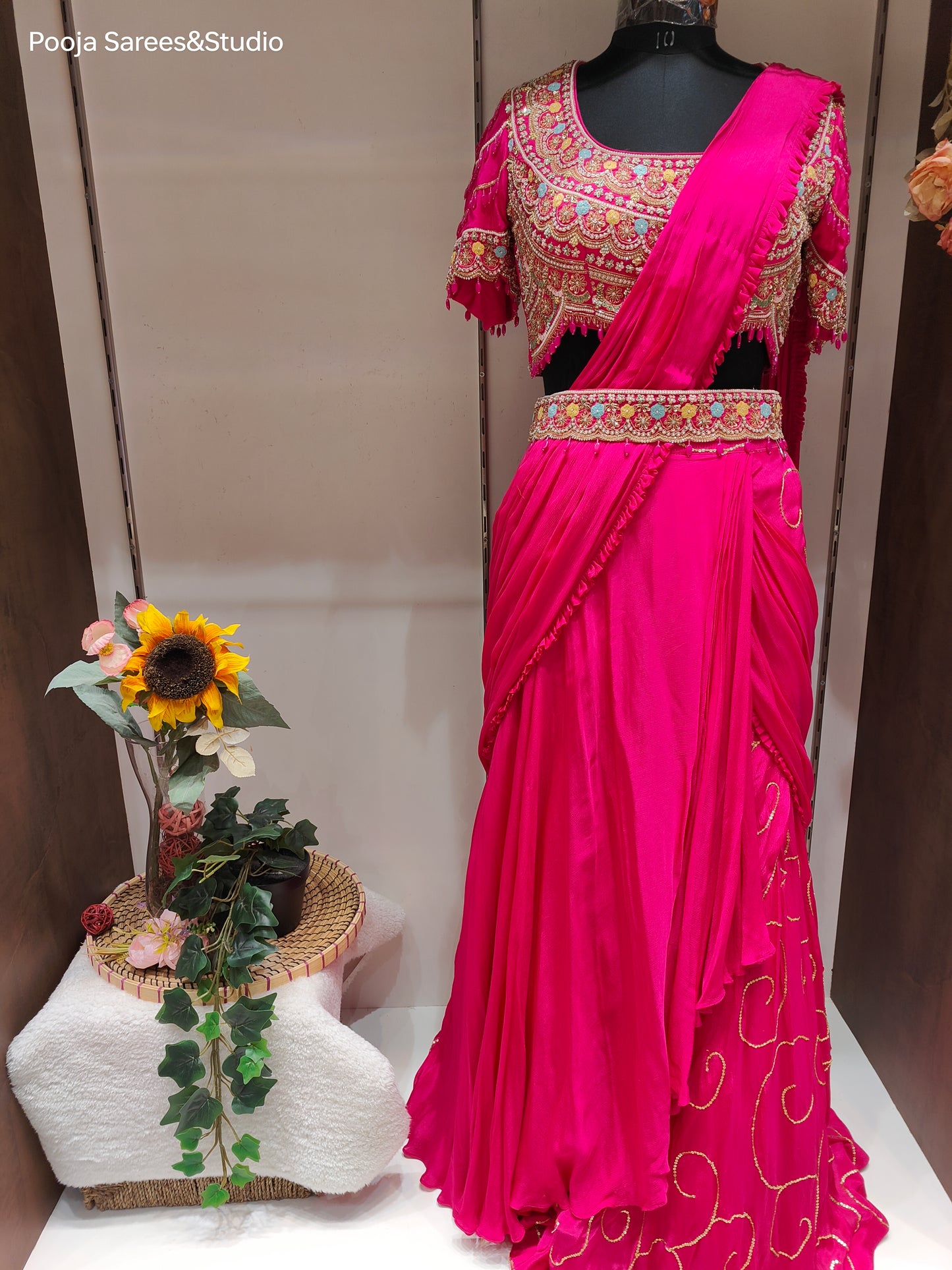 AARSAA Fuschia Crepe Heavy Katdana Sequence and Multi Threadwork Blouse with Flared Sequence work Drape lehenga and Belt