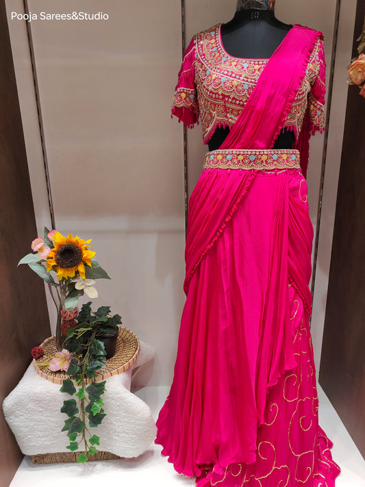 AARSAA Fuschia Crepe Heavy Katdana Sequence and Multi Threadwork Blouse with Flared Sequence work Drape lehenga and Belt