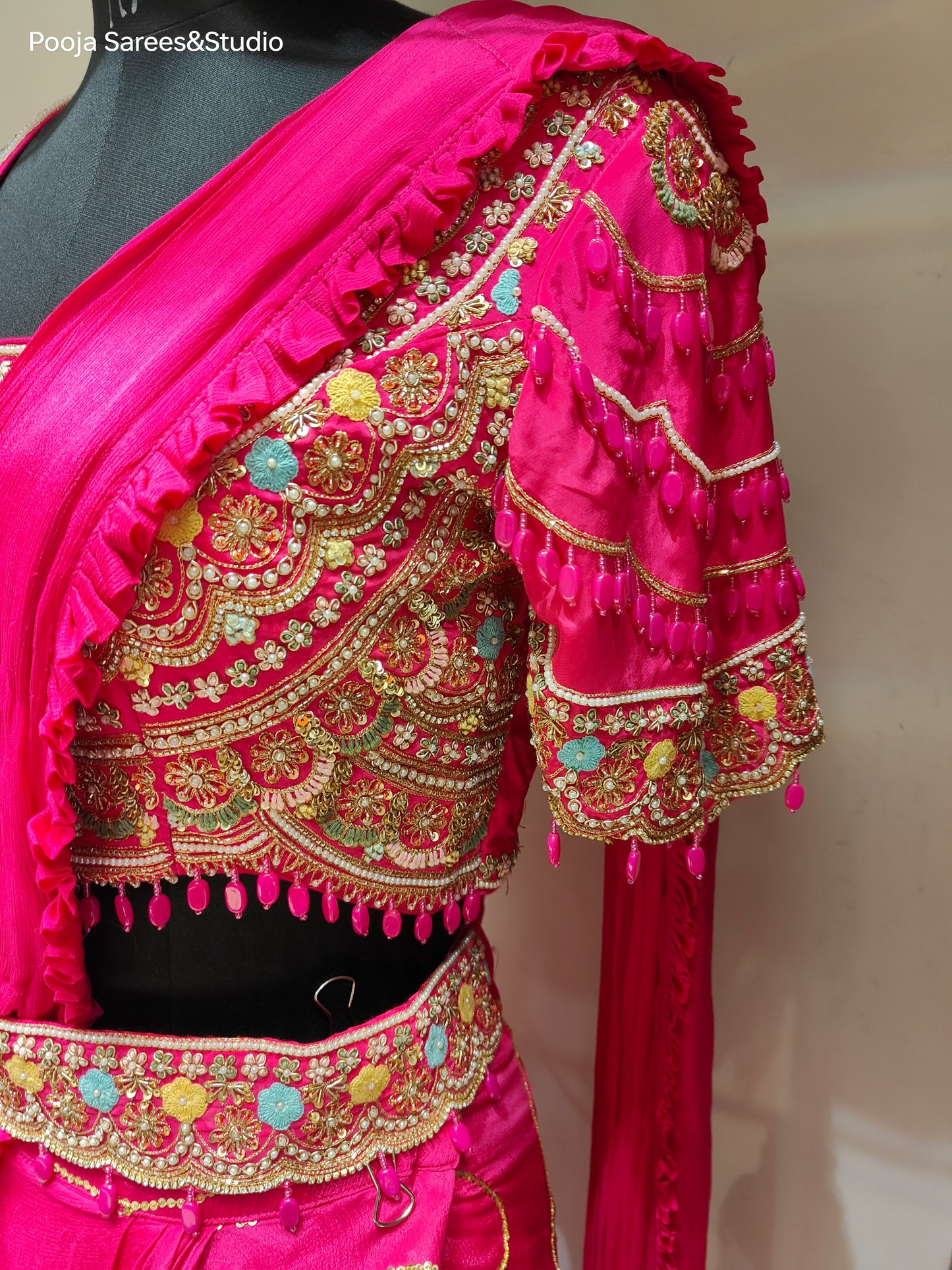 AARSAA Fuschia Crepe Heavy Katdana Sequence and Multi Threadwork Blouse with Flared Sequence work Drape lehenga and Belt