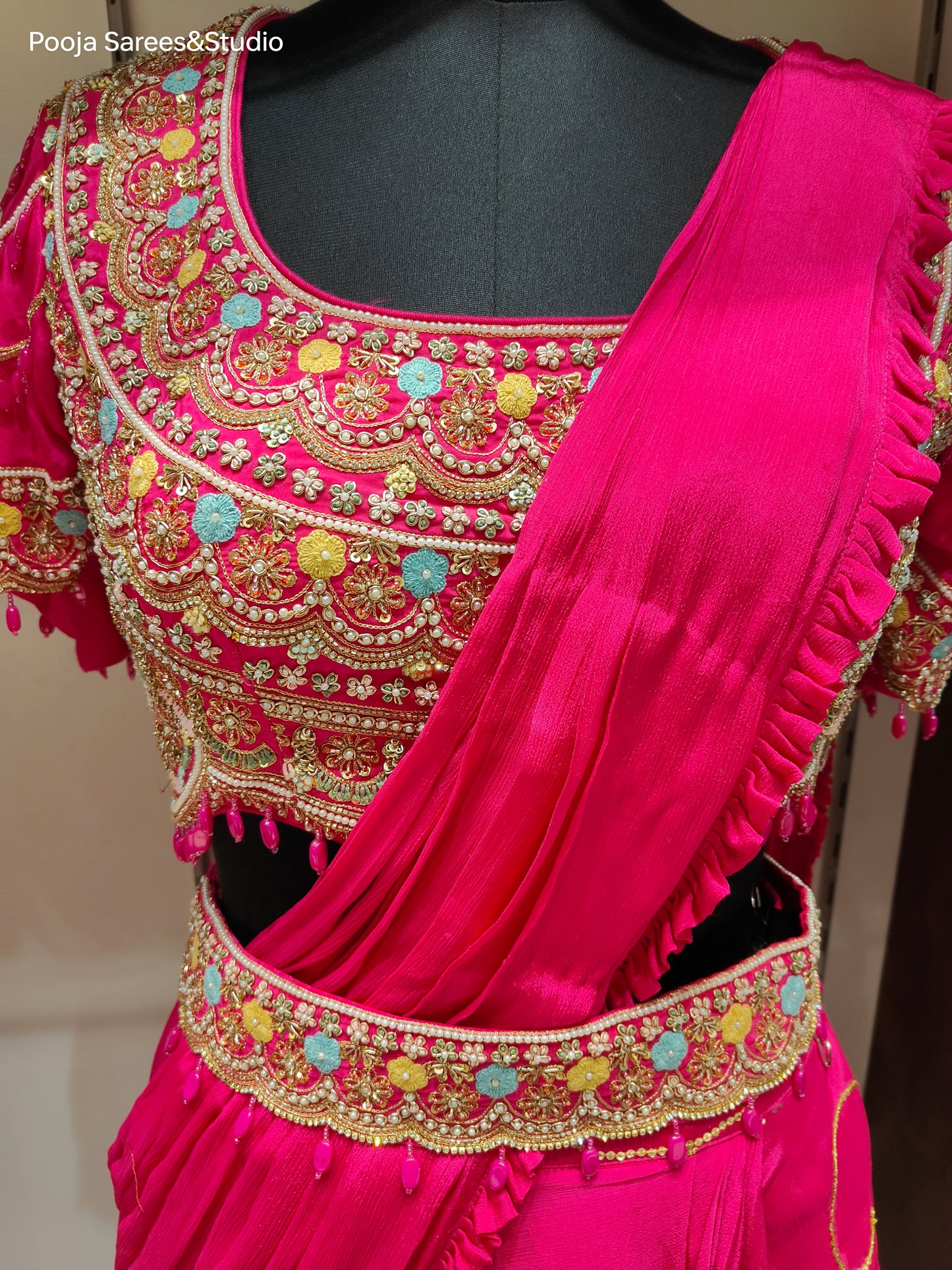 AARSAA Fuschia Crepe Heavy Katdana Sequence and Multi Threadwork Blouse with Flared Sequence work Drape lehenga and Belt