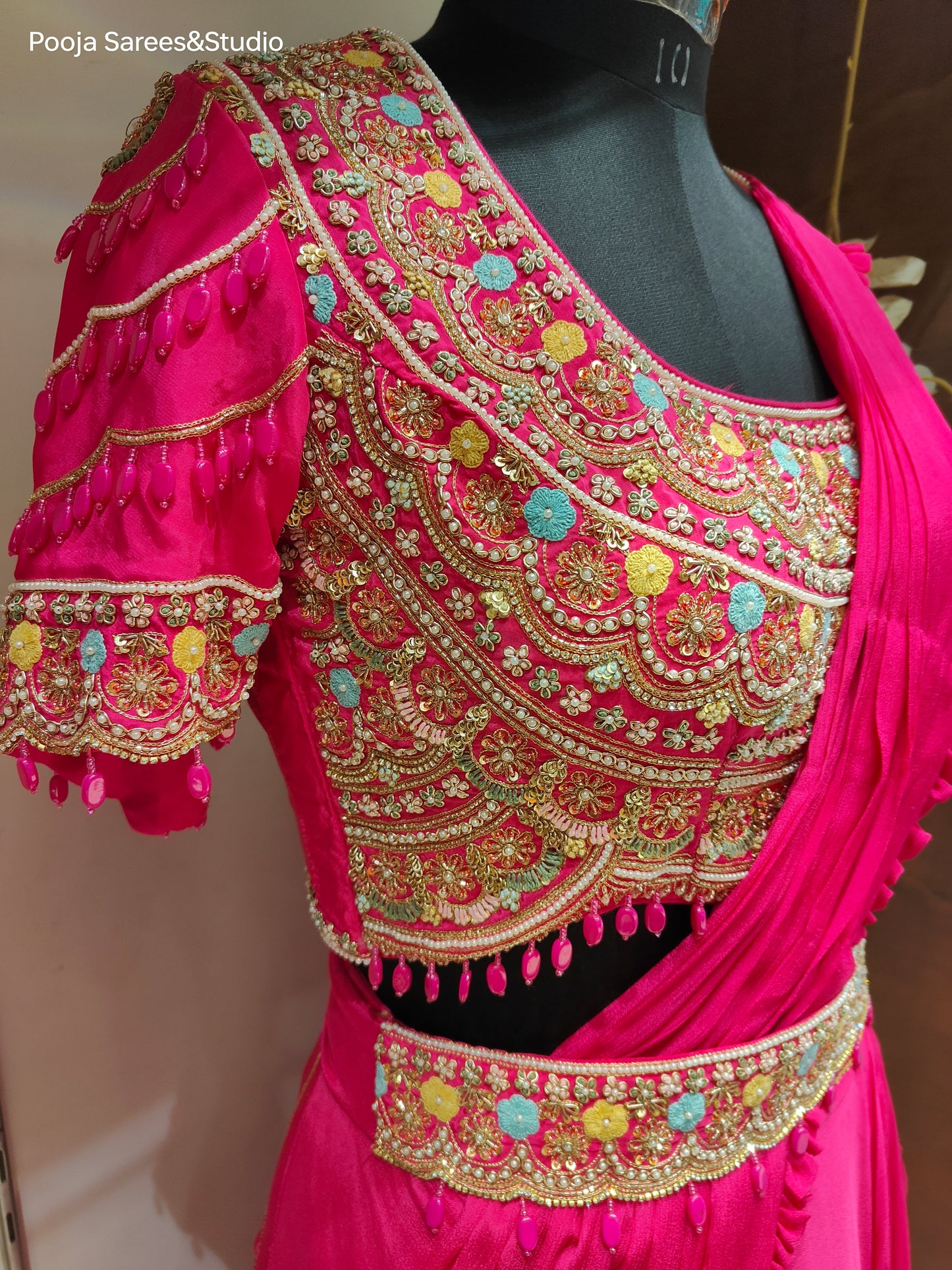 AARSAA Fuschia Crepe Heavy Katdana Sequence and Multi Threadwork Blouse with Flared Sequence work Drape lehenga and Belt