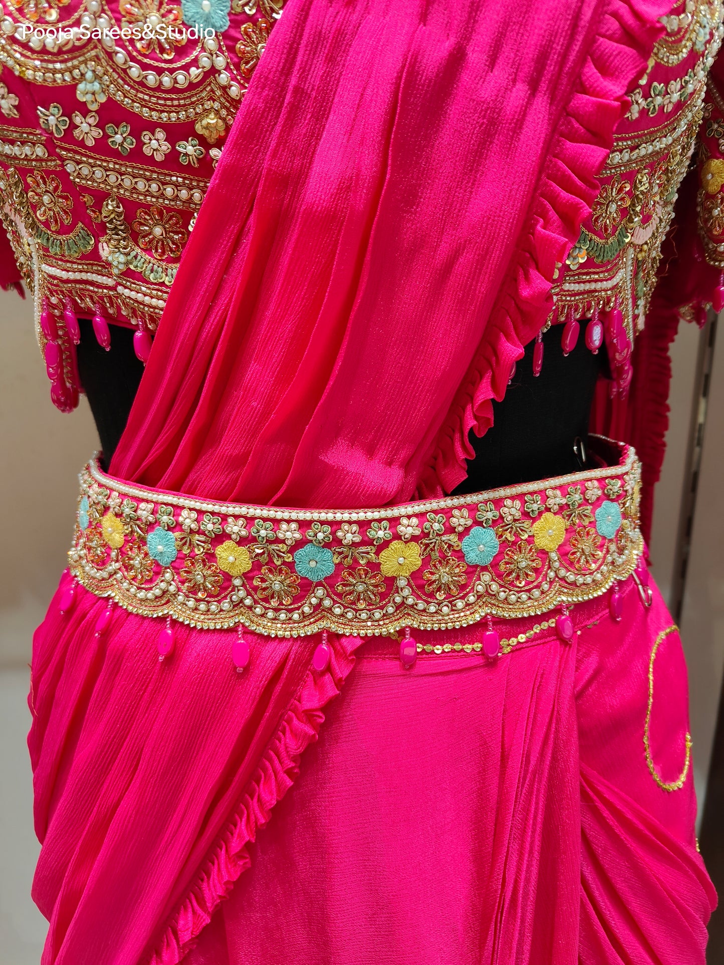 AARSAA Fuschia Crepe Heavy Katdana Sequence and Multi Threadwork Blouse with Flared Sequence work Drape lehenga and Belt