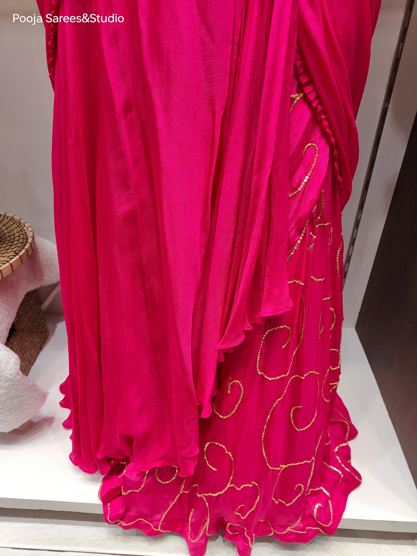 AARSAA Fuschia Crepe Heavy Katdana Sequence and Multi Threadwork Blouse with Flared Sequence work Drape lehenga and Belt