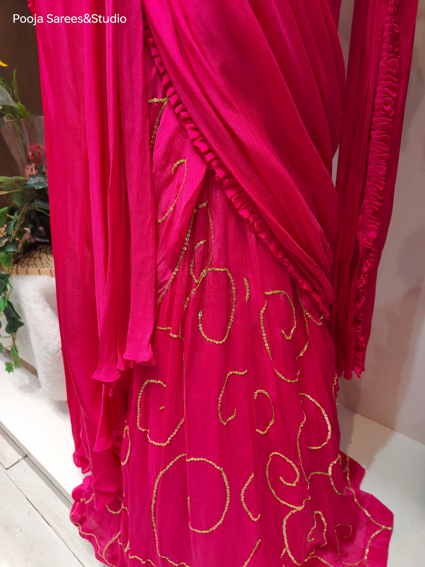 AARSAA Fuschia Crepe Heavy Katdana Sequence and Multi Threadwork Blouse with Flared Sequence work Drape lehenga and Belt