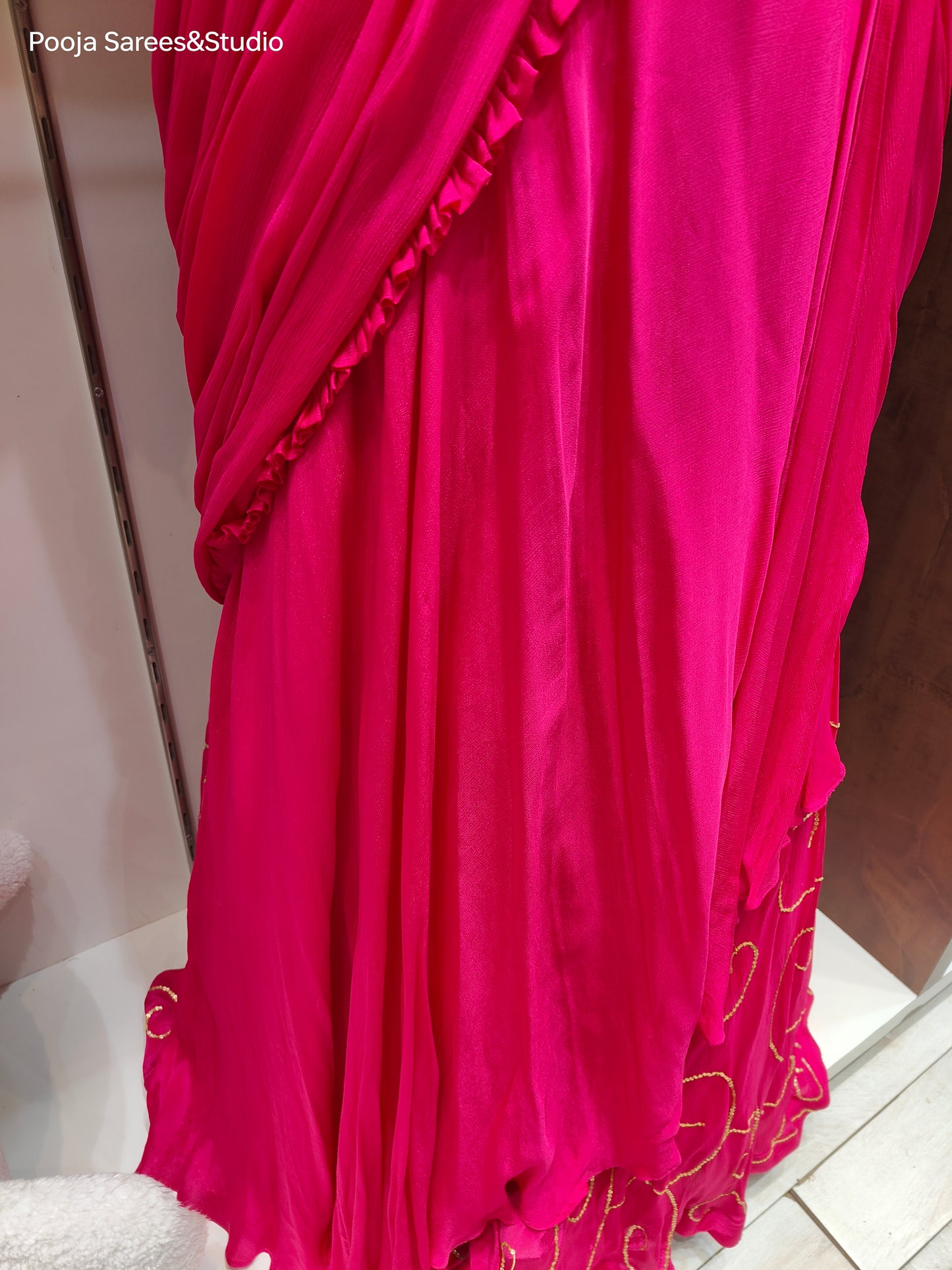 AARSAA Fuschia Crepe Heavy Katdana Sequence and Multi Threadwork Blouse with Flared Sequence work Drape lehenga and Belt