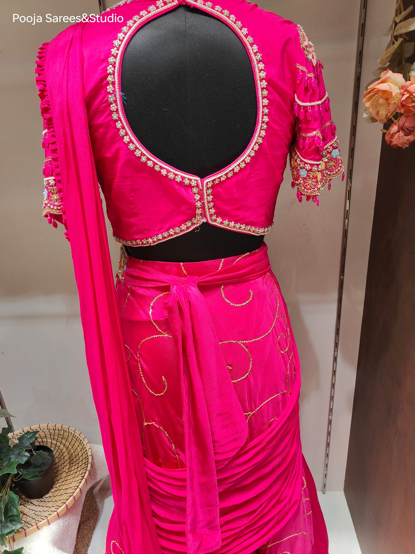 AARSAA Fuschia Crepe Heavy Katdana Sequence and Multi Threadwork Blouse with Flared Sequence work Drape lehenga and Belt