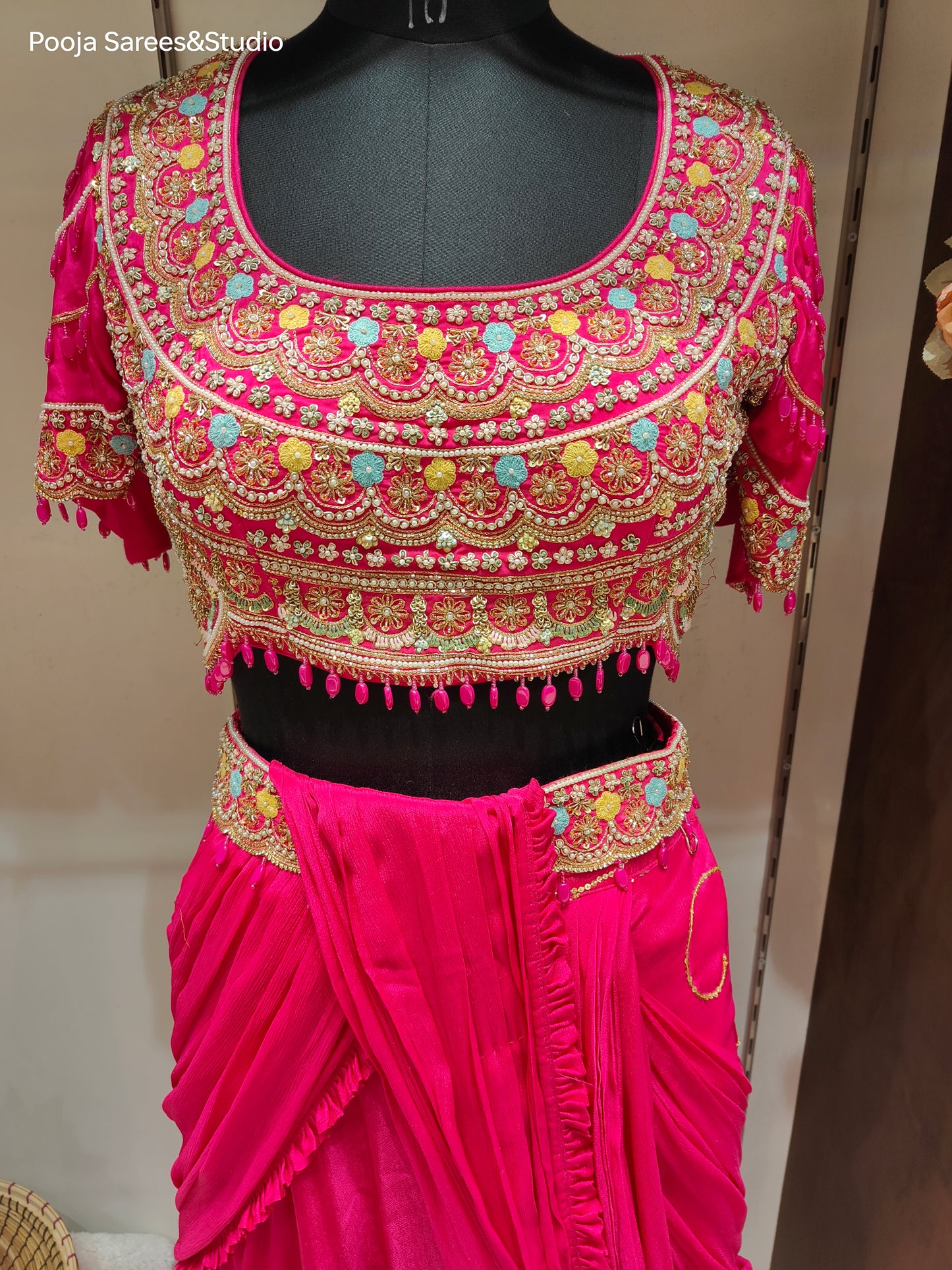 AARSAA Fuschia Crepe Heavy Katdana Sequence and Multi Threadwork Blouse with Flared Sequence work Drape lehenga and Belt