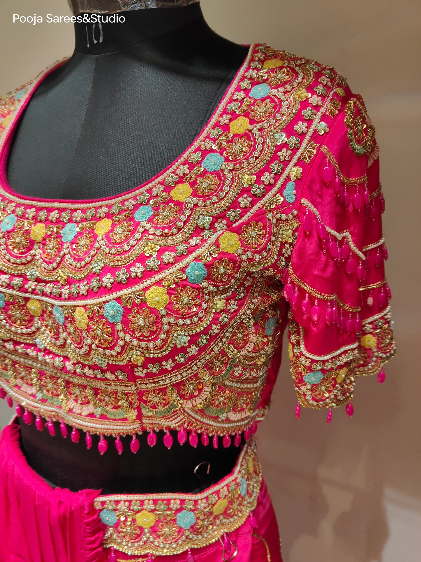 AARSAA Fuschia Crepe Heavy Katdana Sequence and Multi Threadwork Blouse with Flared Sequence work Drape lehenga and Belt