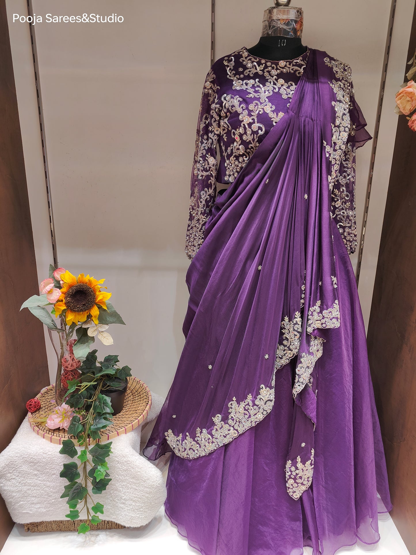 AARSAA Purple Organza Katdana Work Full Sleeve Blouse with Flared Drape Lehenga with Work on Drape