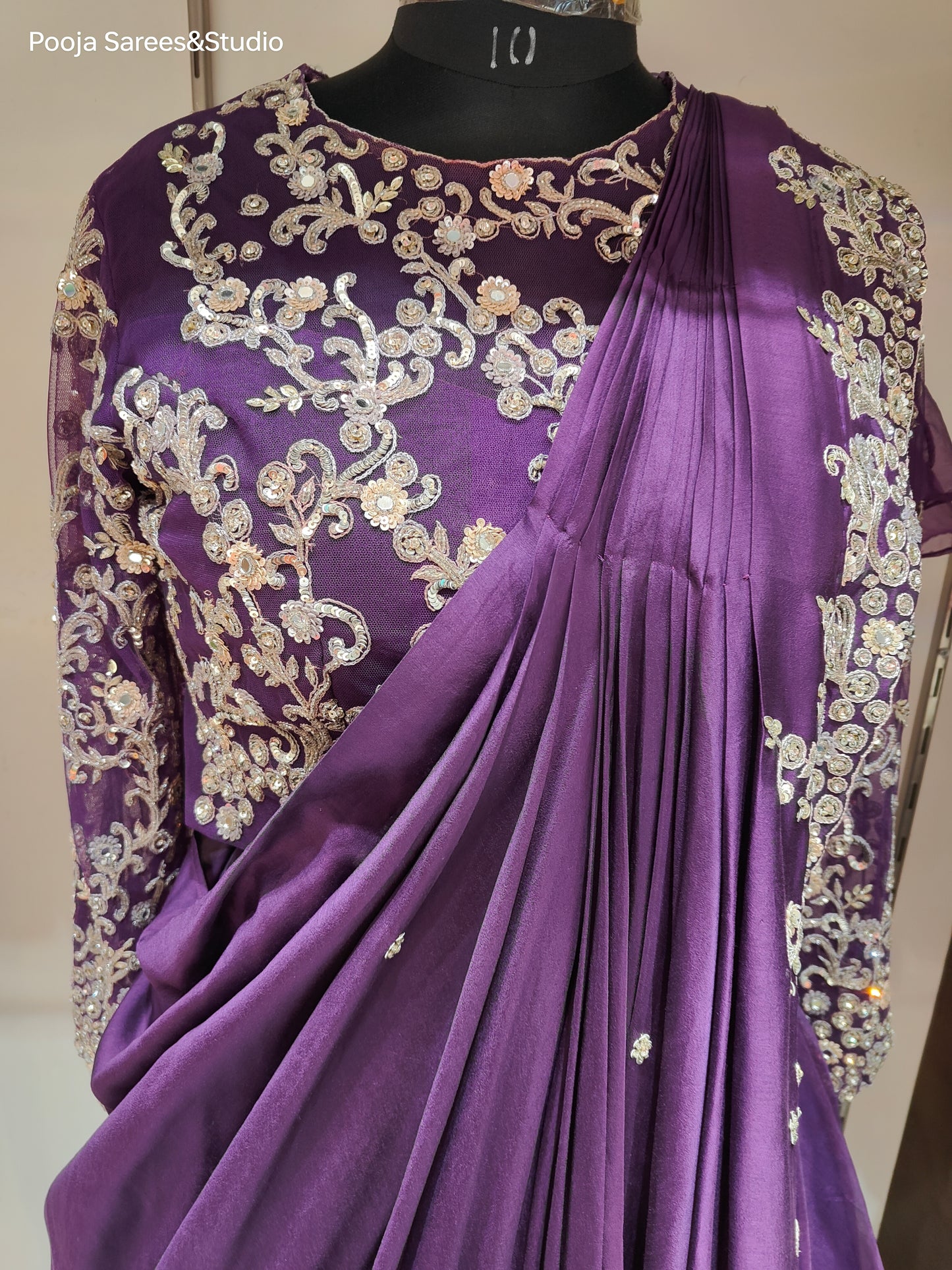 AARSAA Purple Organza Katdana Work Full Sleeve Blouse with Flared Drape Lehenga with Work on Drape