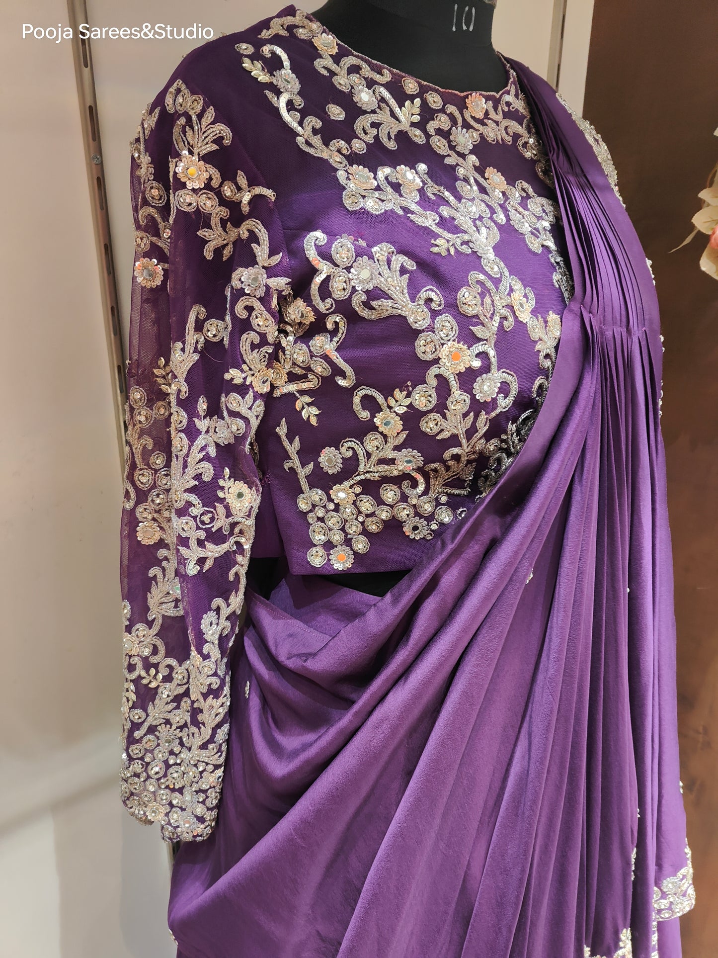 AARSAA Purple Organza Katdana Work Full Sleeve Blouse with Flared Drape Lehenga with Work on Drape