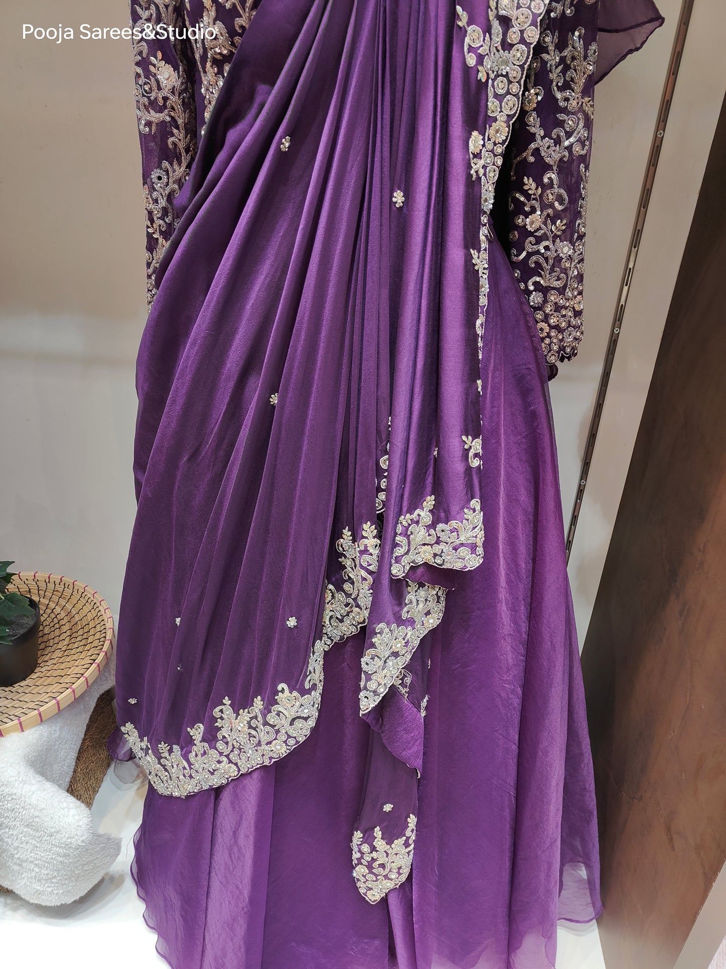 AARSAA Purple Organza Katdana Work Full Sleeve Blouse with Flared Drape Lehenga with Work on Drape