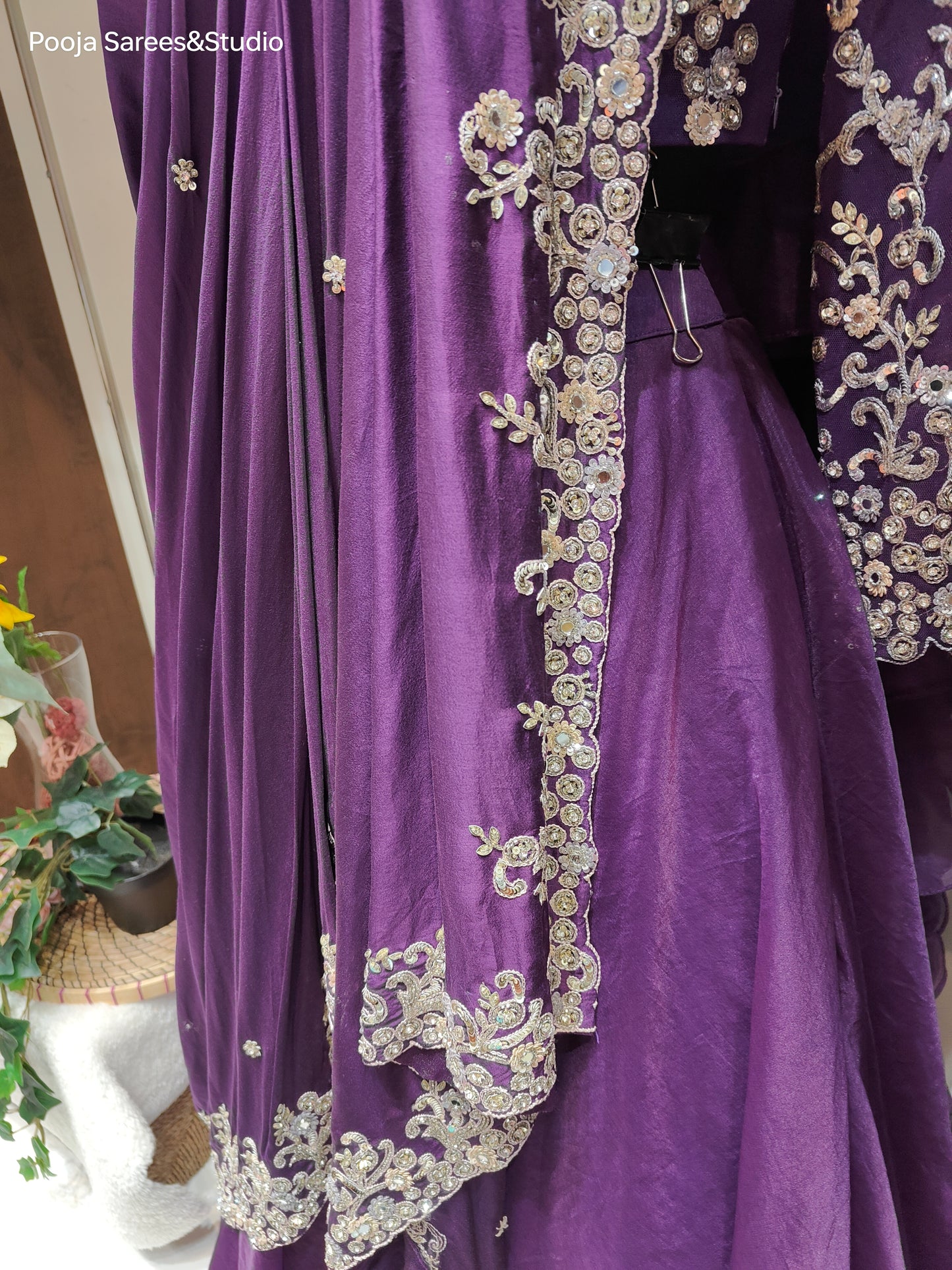 AARSAA Purple Organza Katdana Work Full Sleeve Blouse with Flared Drape Lehenga with Work on Drape