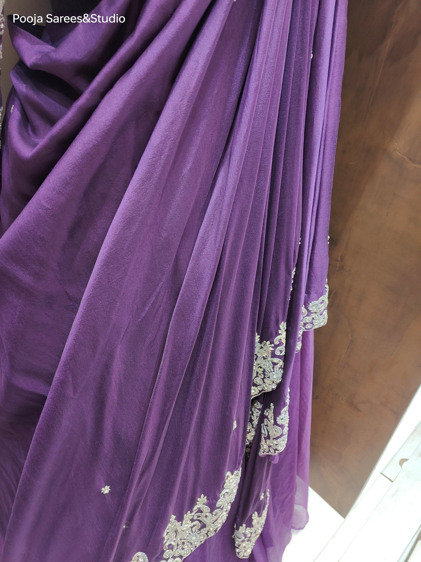 AARSAA Purple Organza Katdana Work Full Sleeve Blouse with Flared Drape Lehenga with Work on Drape