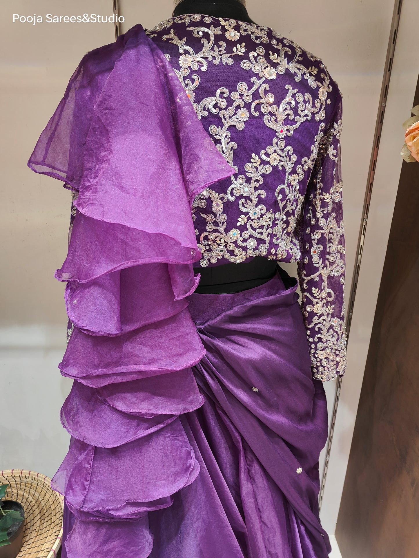 AARSAA Purple Organza Katdana Work Full Sleeve Blouse with Flared Drape Lehenga with Work on Drape