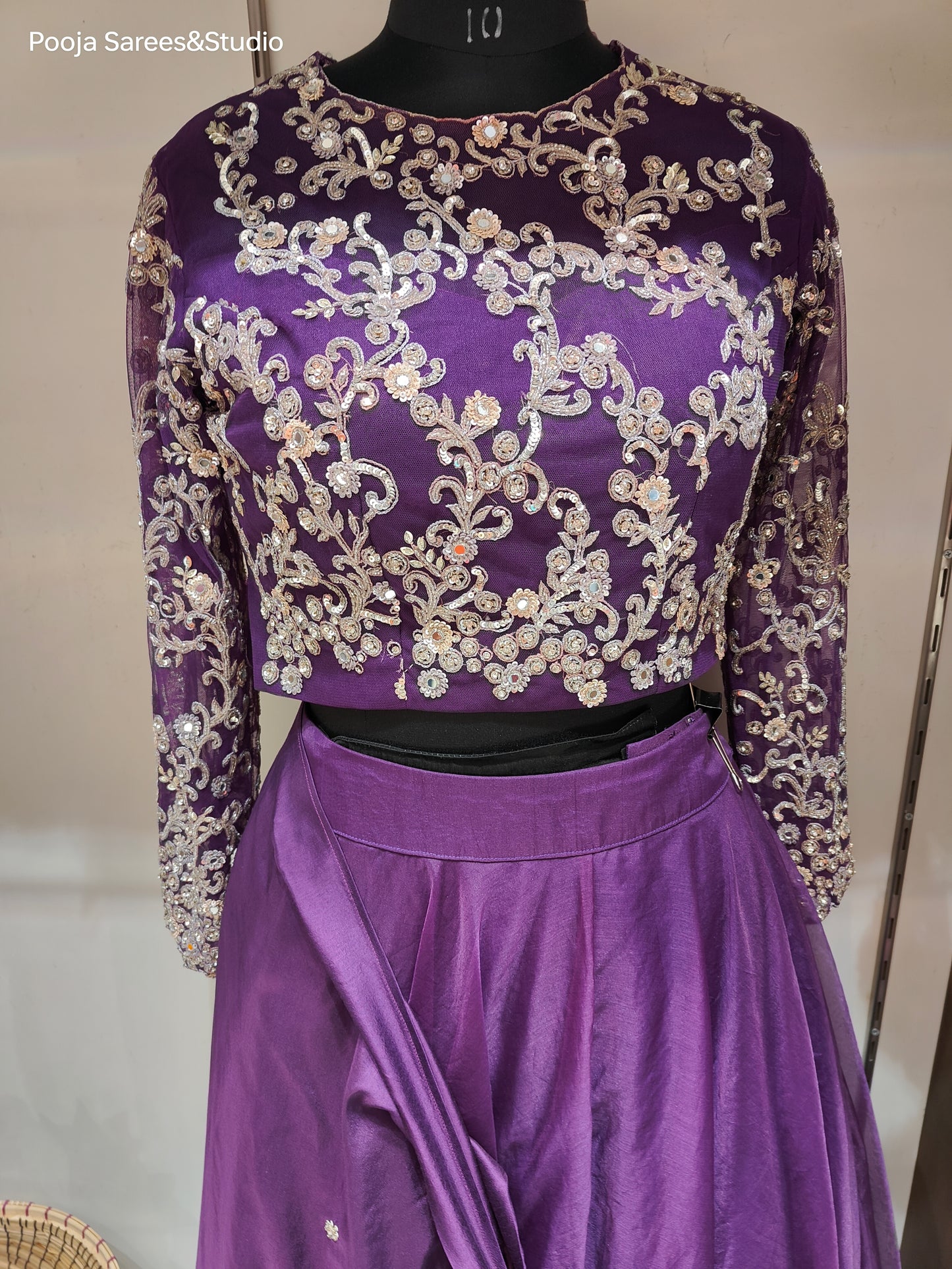 AARSAA Purple Organza Katdana Work Full Sleeve Blouse with Flared Drape Lehenga with Work on Drape