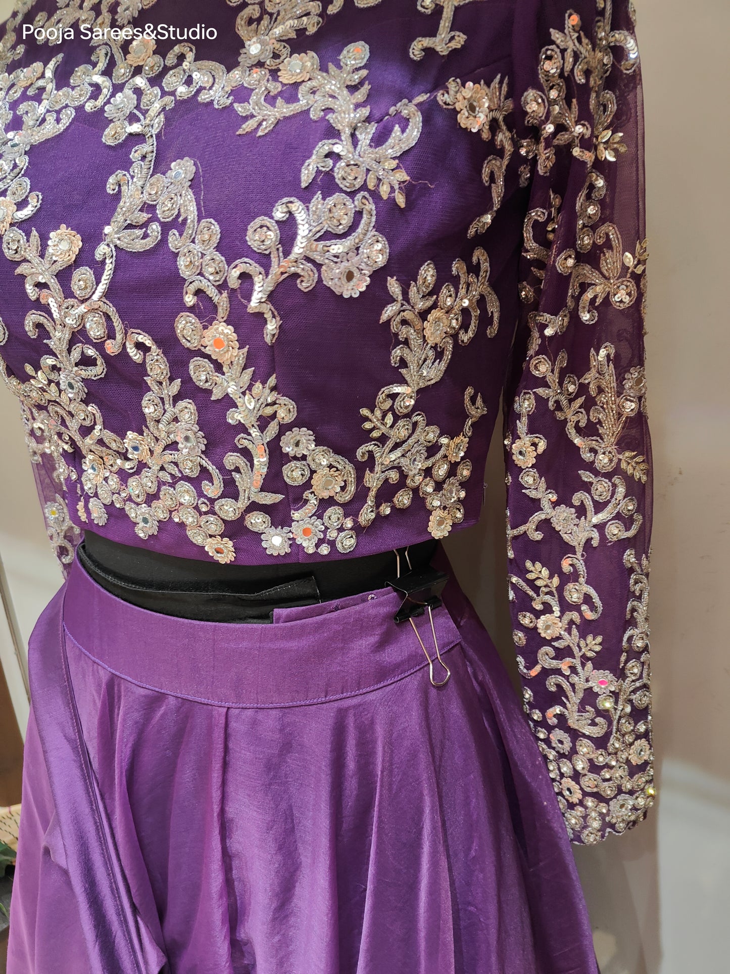 AARSAA Purple Organza Katdana Work Full Sleeve Blouse with Flared Drape Lehenga with Work on Drape