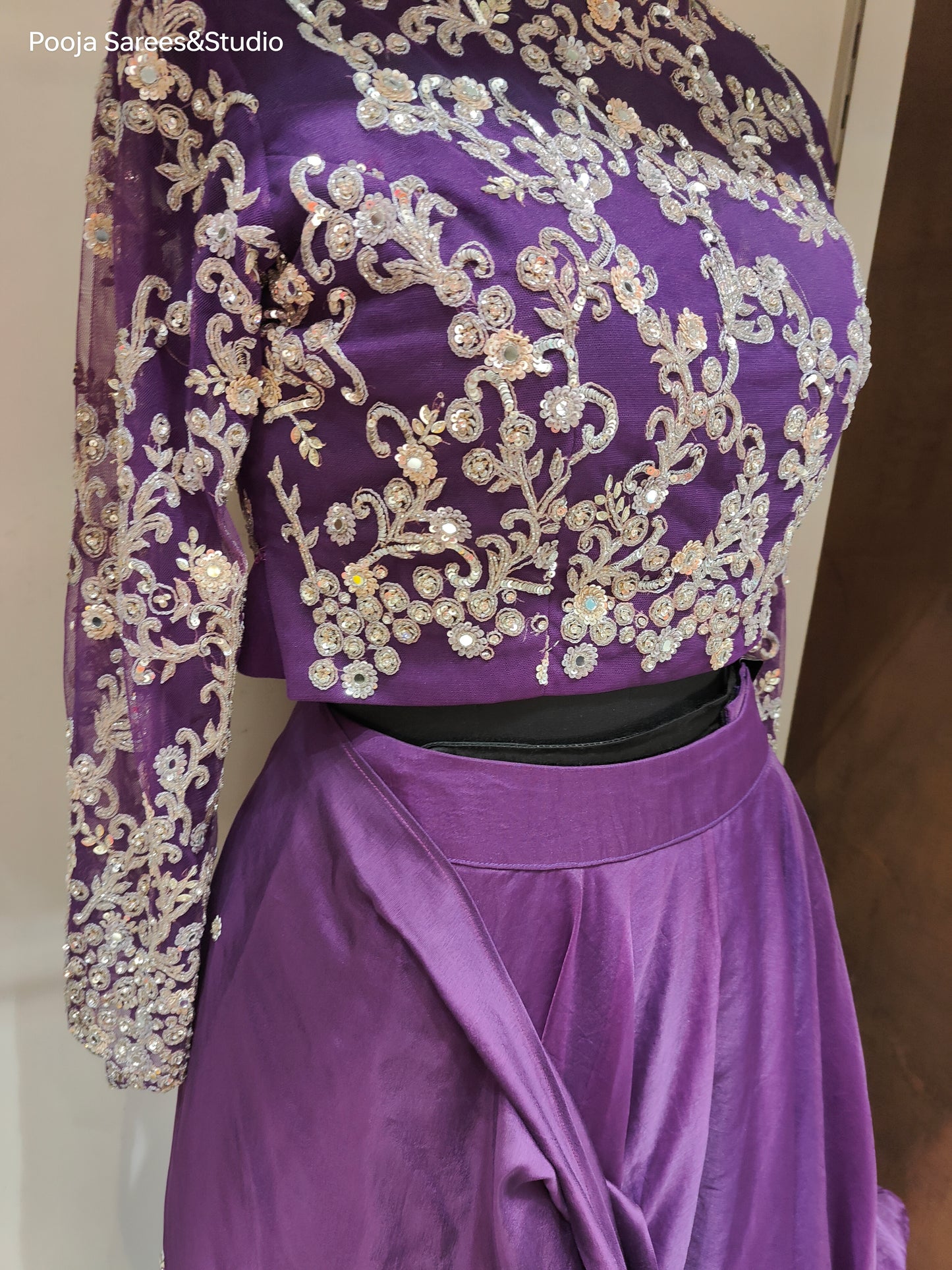 AARSAA Purple Organza Katdana Work Full Sleeve Blouse with Flared Drape Lehenga with Work on Drape