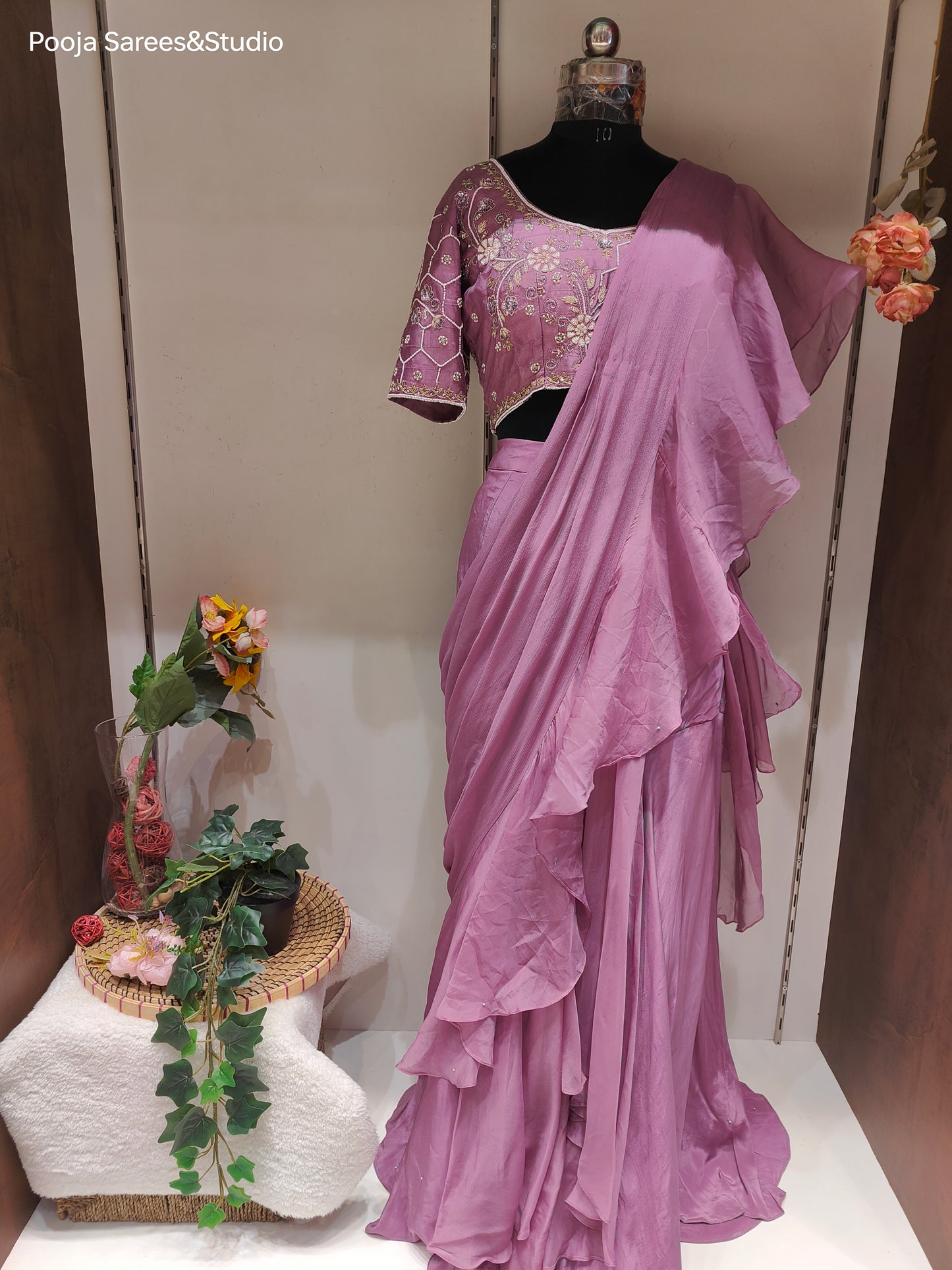 AARSAA Onion Pink Crepe Moti Sequence Work Blouse with Fishcut Drape Lehenga