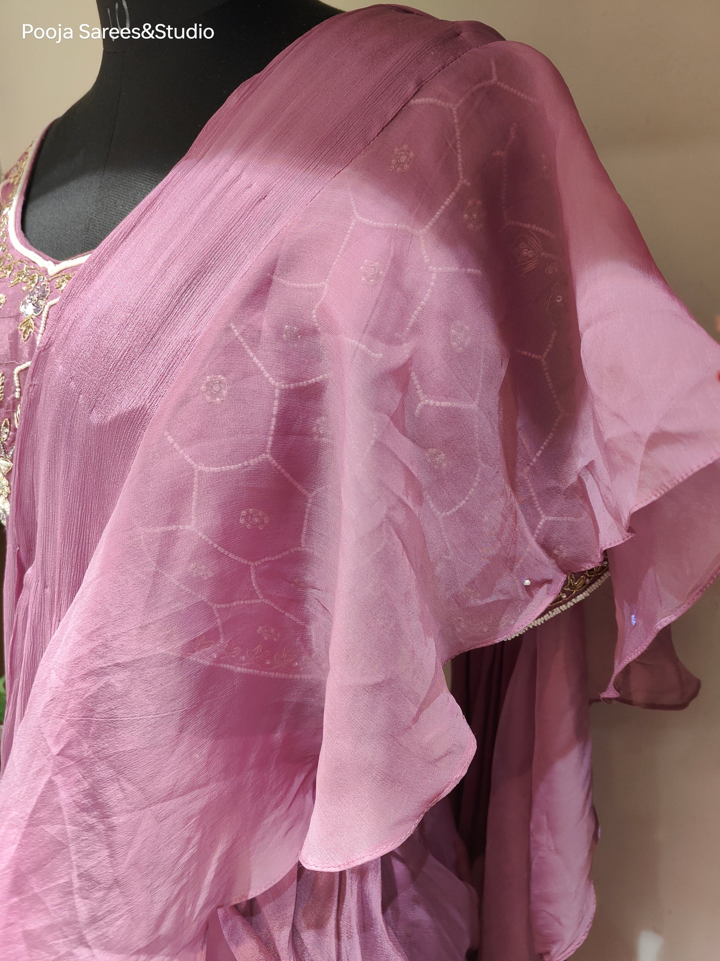 AARSAA Onion Pink Crepe Moti Sequence Work Blouse with Fishcut Drape Lehenga