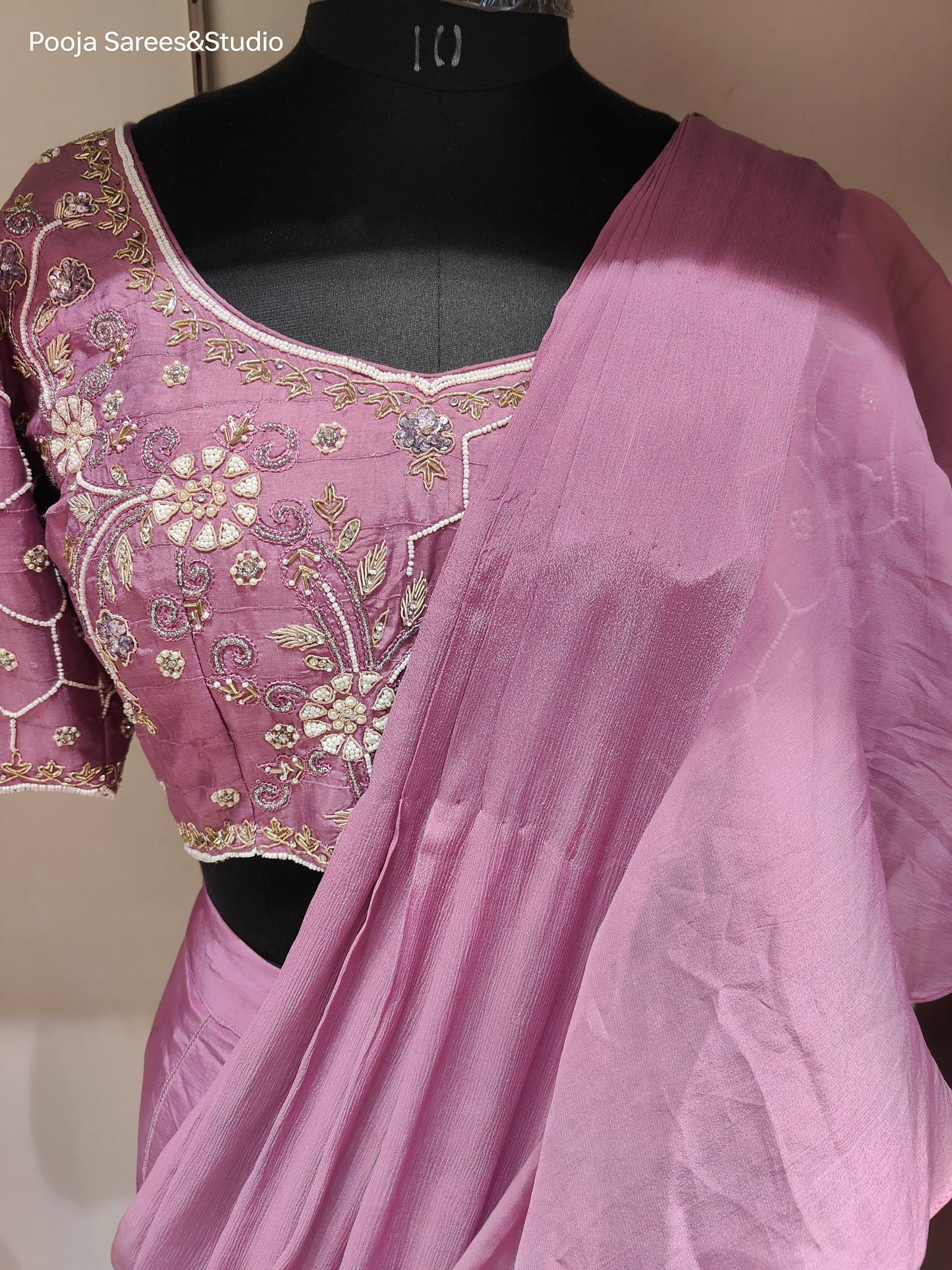 AARSAA Onion Pink Crepe Moti Sequence Work Blouse with Fishcut Drape Lehenga