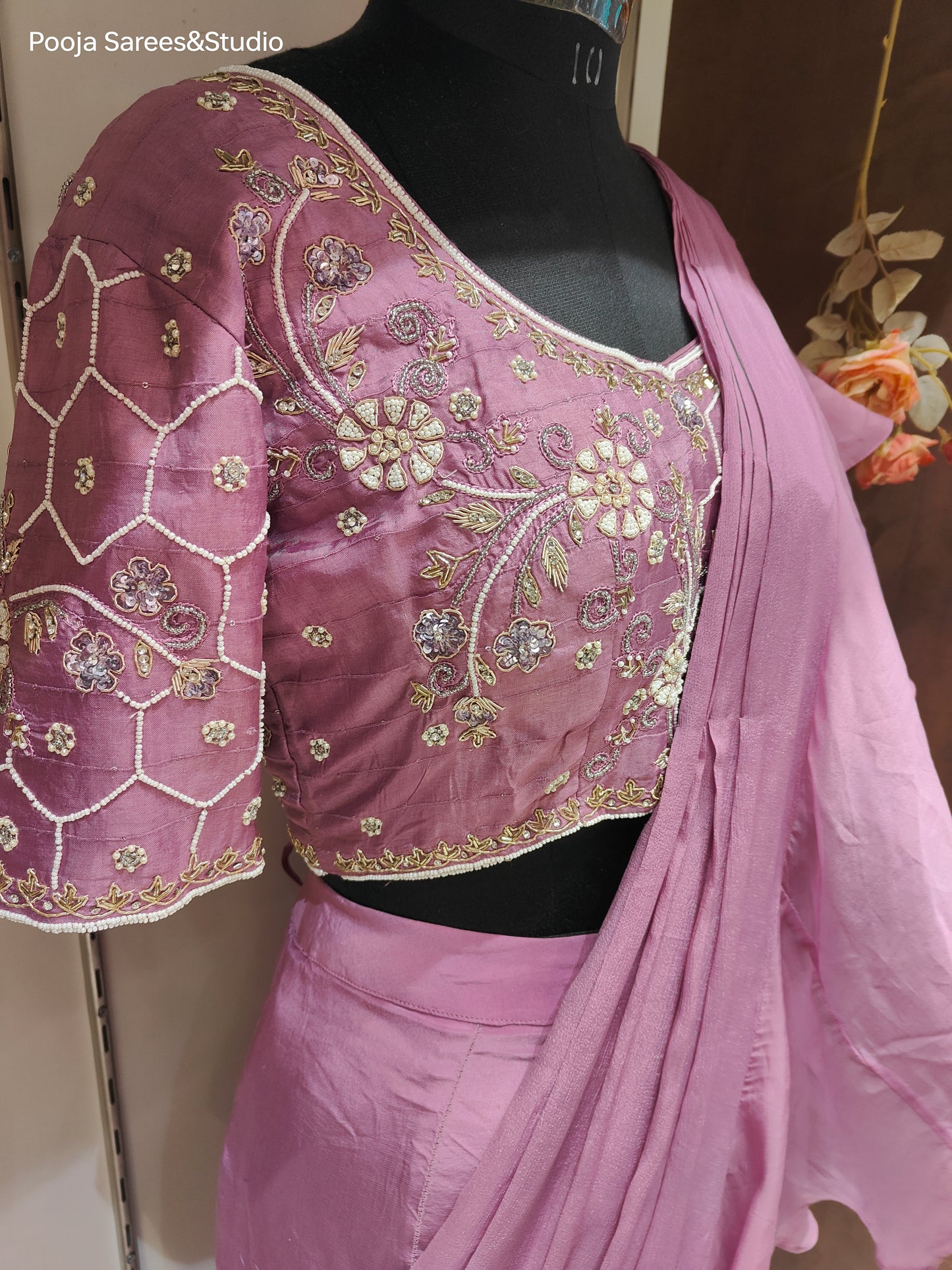 AARSAA Onion Pink Crepe Moti Sequence Work Blouse with Fishcut Drape Lehenga