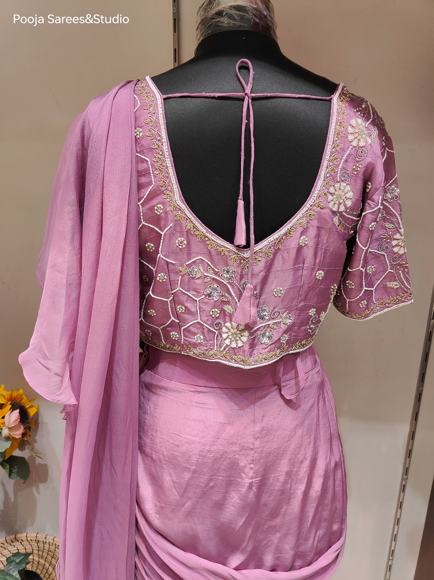 AARSAA Onion Pink Crepe Moti Sequence Work Blouse with Fishcut Drape Lehenga