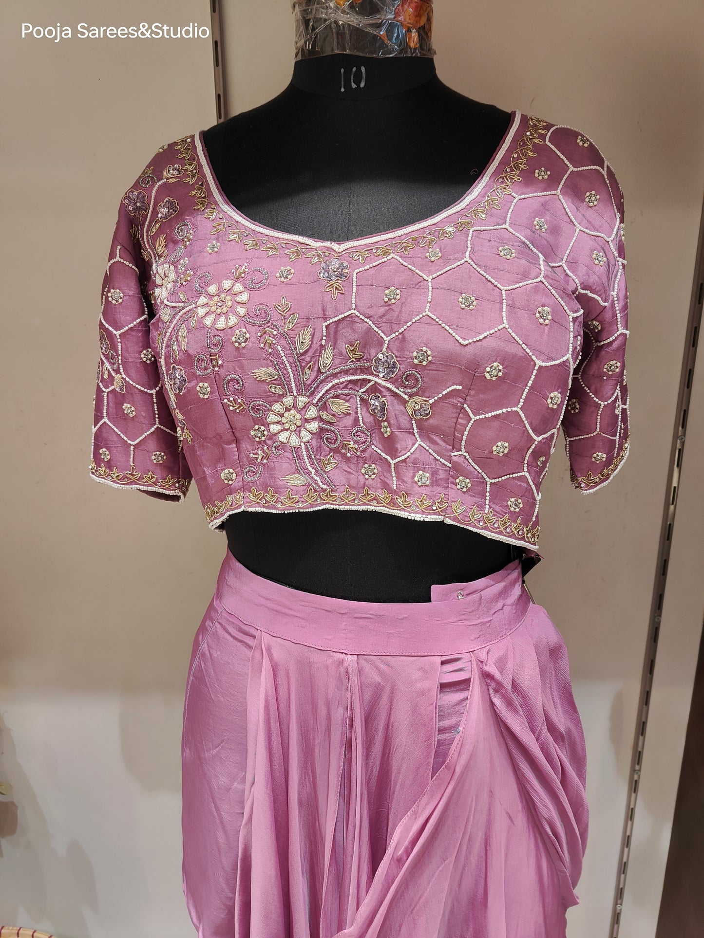 AARSAA Onion Pink Crepe Moti Sequence Work Blouse with Fishcut Drape Lehenga