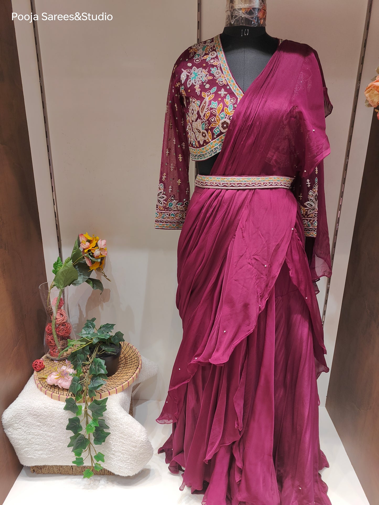 AARSAA Satin Crepe Purple Threadwork, Katdana , Sequence work blouse with Fish Cut Drape Lehenga and belt