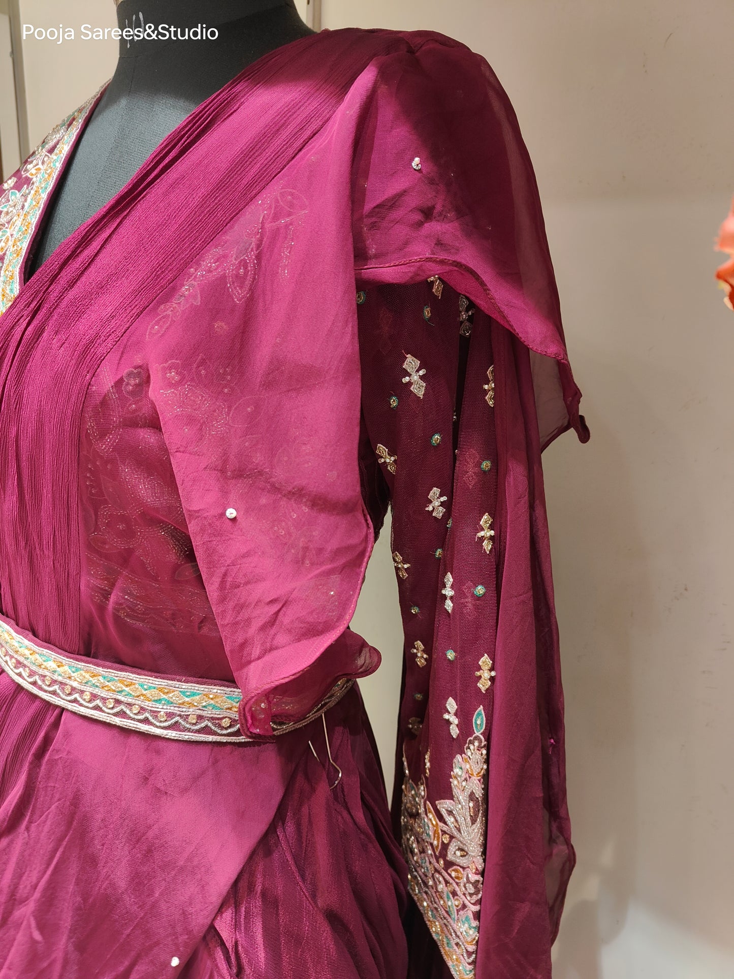 AARSAA Satin Crepe Purple Threadwork, Katdana , Sequence work blouse with Fish Cut Drape Lehenga and belt