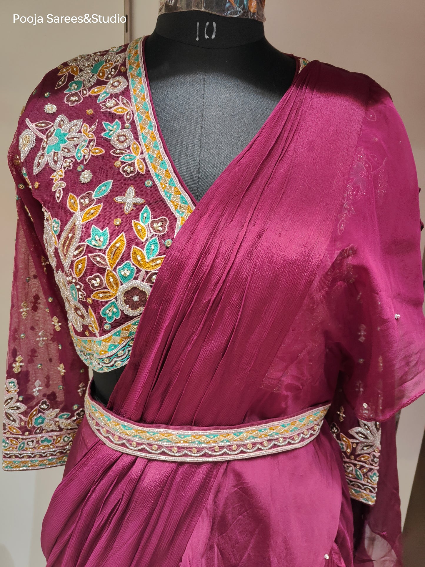 AARSAA Satin Crepe Purple Threadwork, Katdana , Sequence work blouse with Fish Cut Drape Lehenga and belt